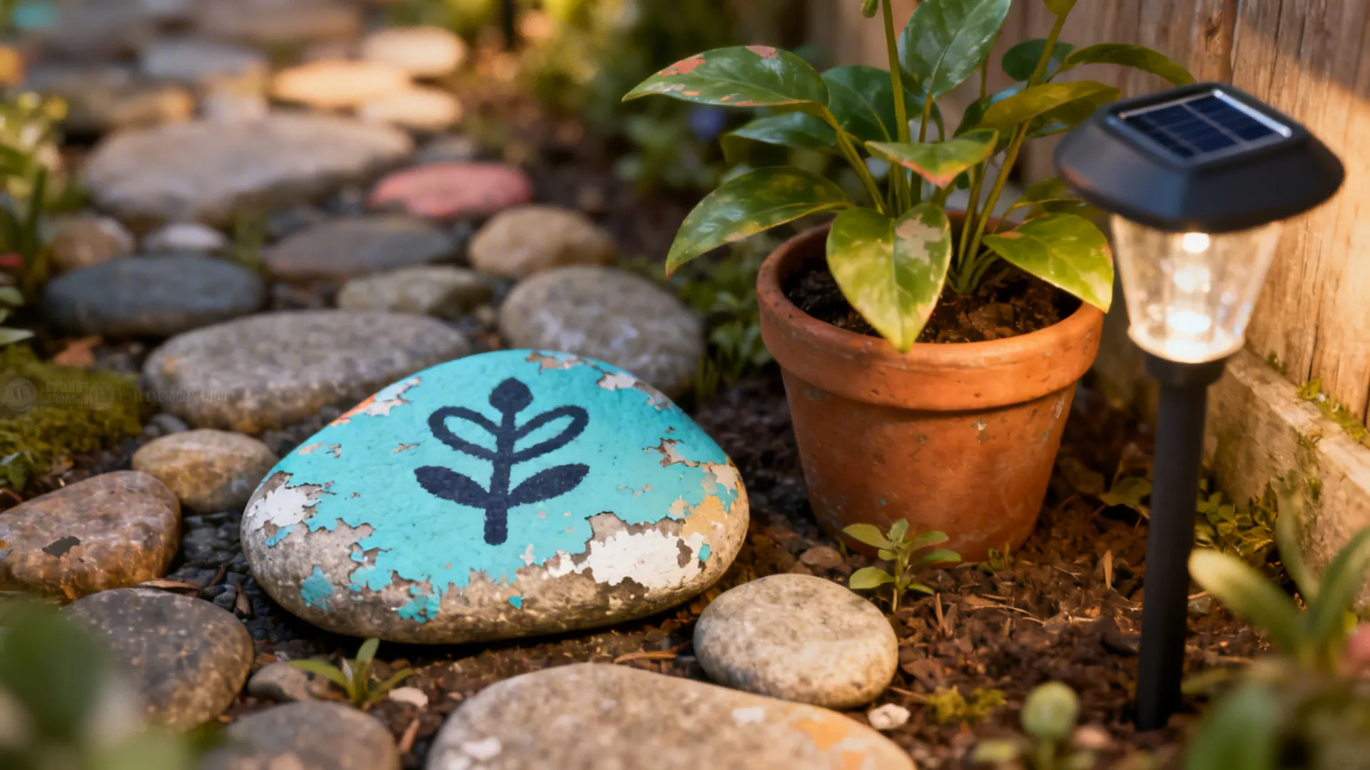 Close-up of a painted pebble path with a small potted plant and solar stake light in a cozy garden nook.