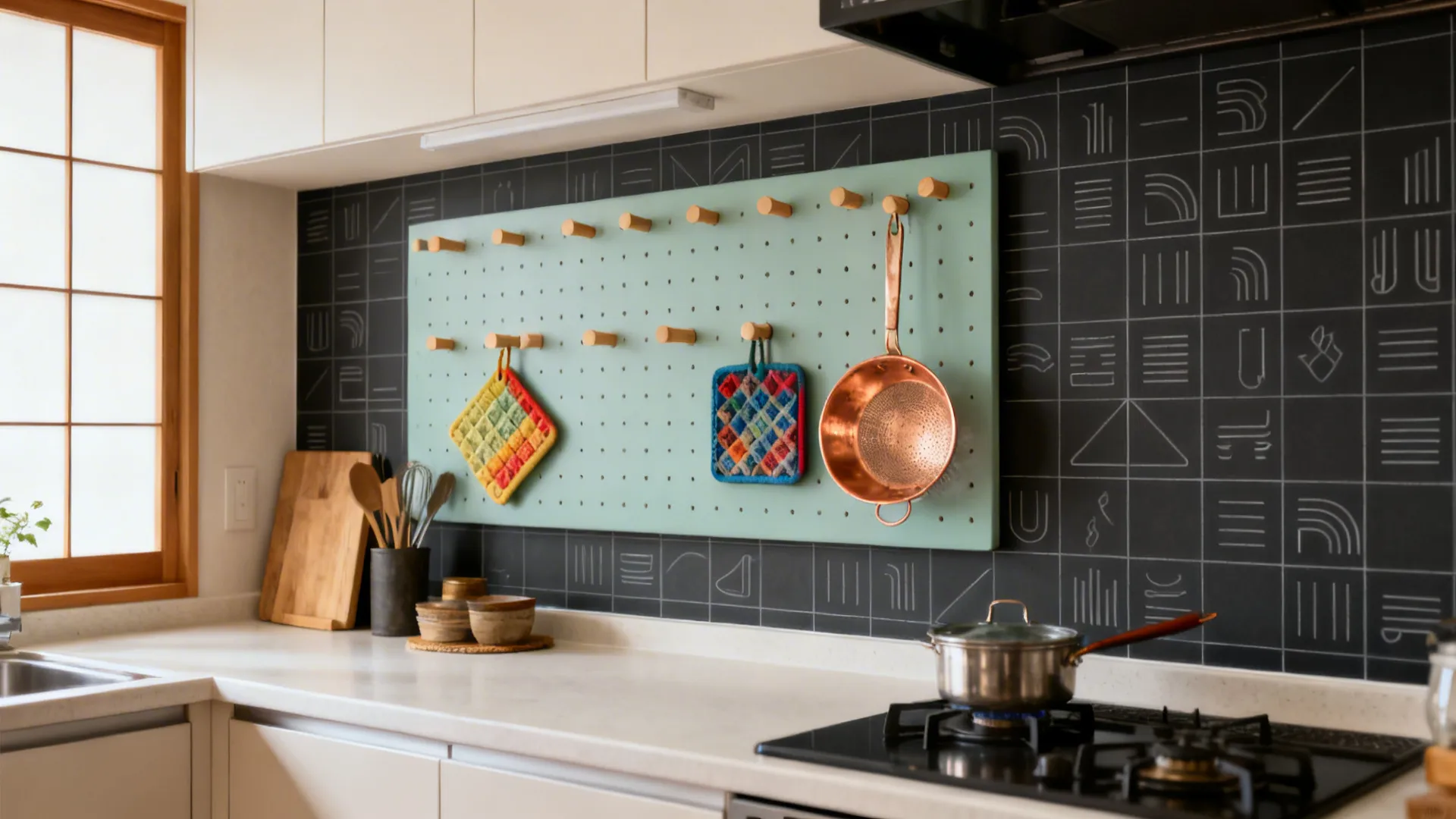 Wall-colored pegboard with wood pegs and subtle colorful kitchen tools.