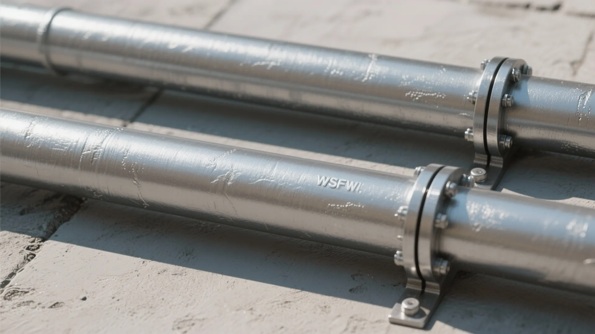 Close up view of two silver metal water pipes with steel bolts and connectors outside