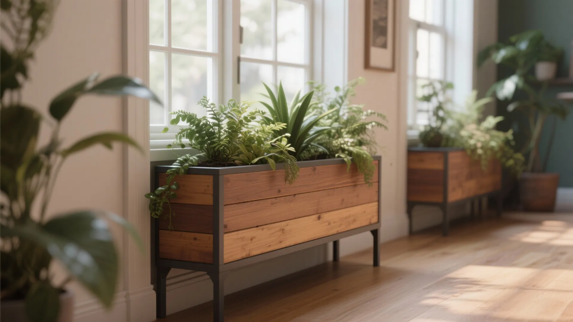 Indoor wooden plant box filled with green plants placed on wood floor under large windows