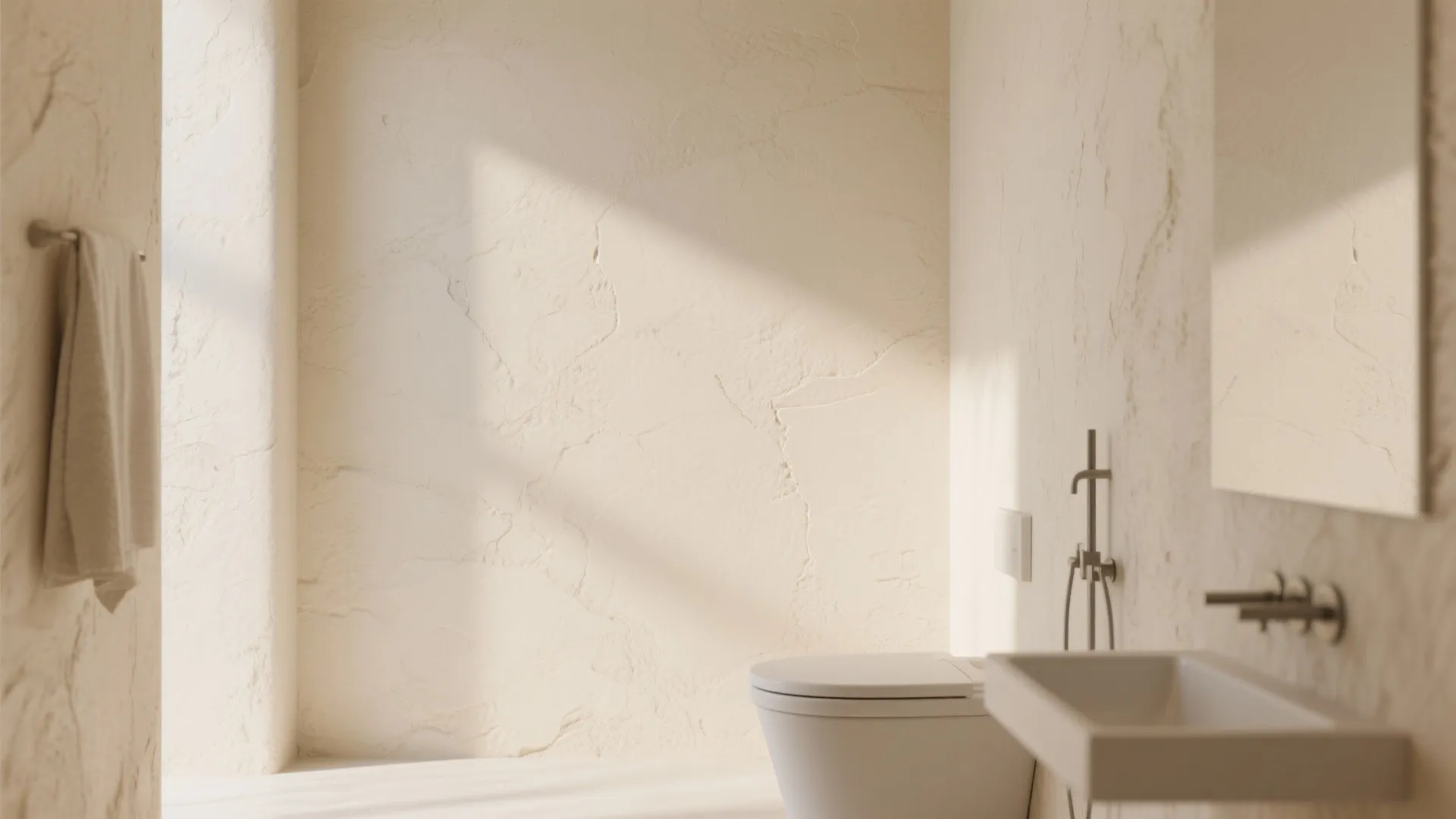 Minimalist cream bathroom with textured walls white toilet small sink mirror and soft sunlight shadow