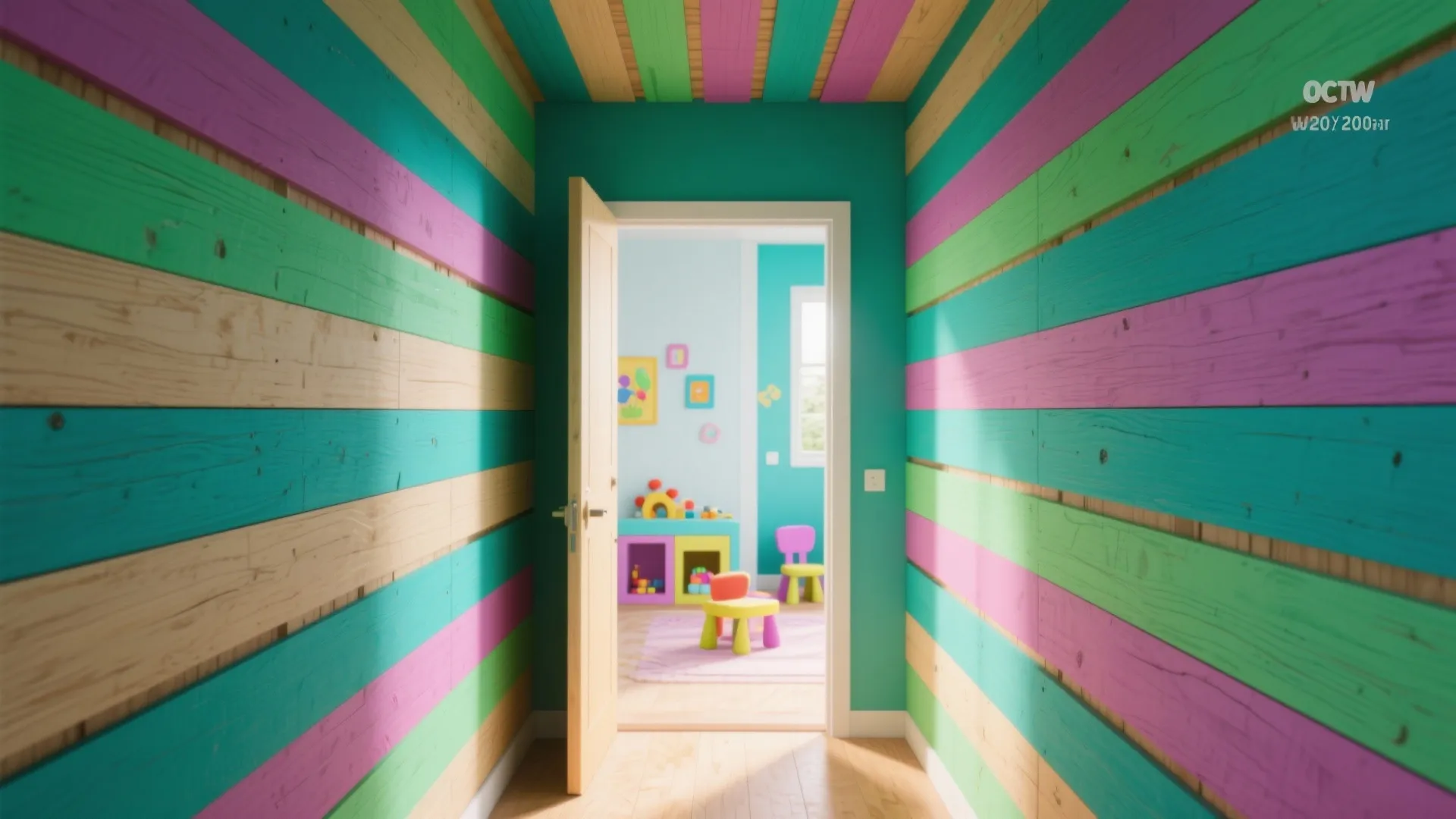 Entry space with painted plywood slats in matte jewel tones and crisp edges, playful modern decor.