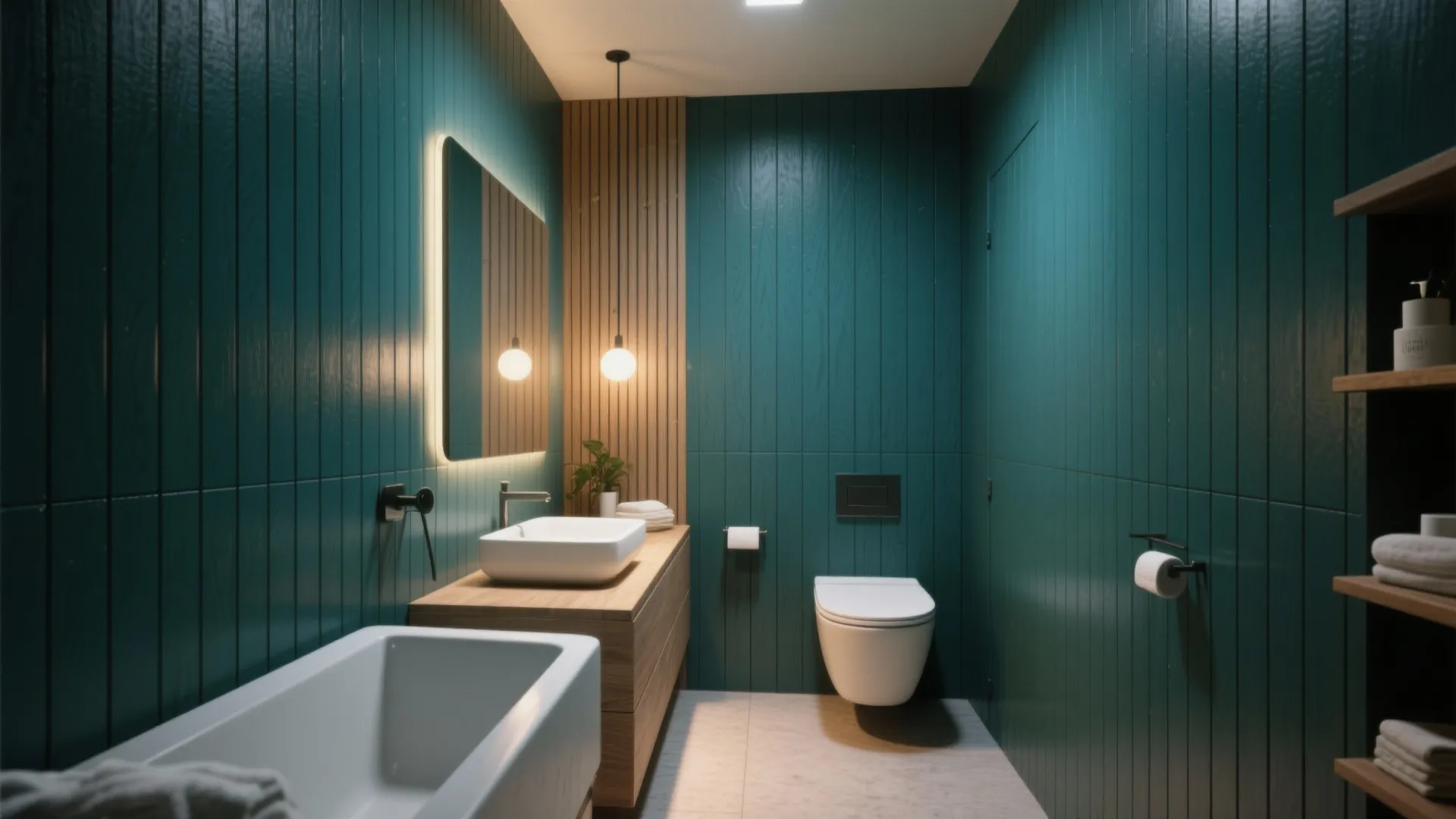 Modern dark green bathroom with wooden wall panel accents and white bathtub plus hanging lights