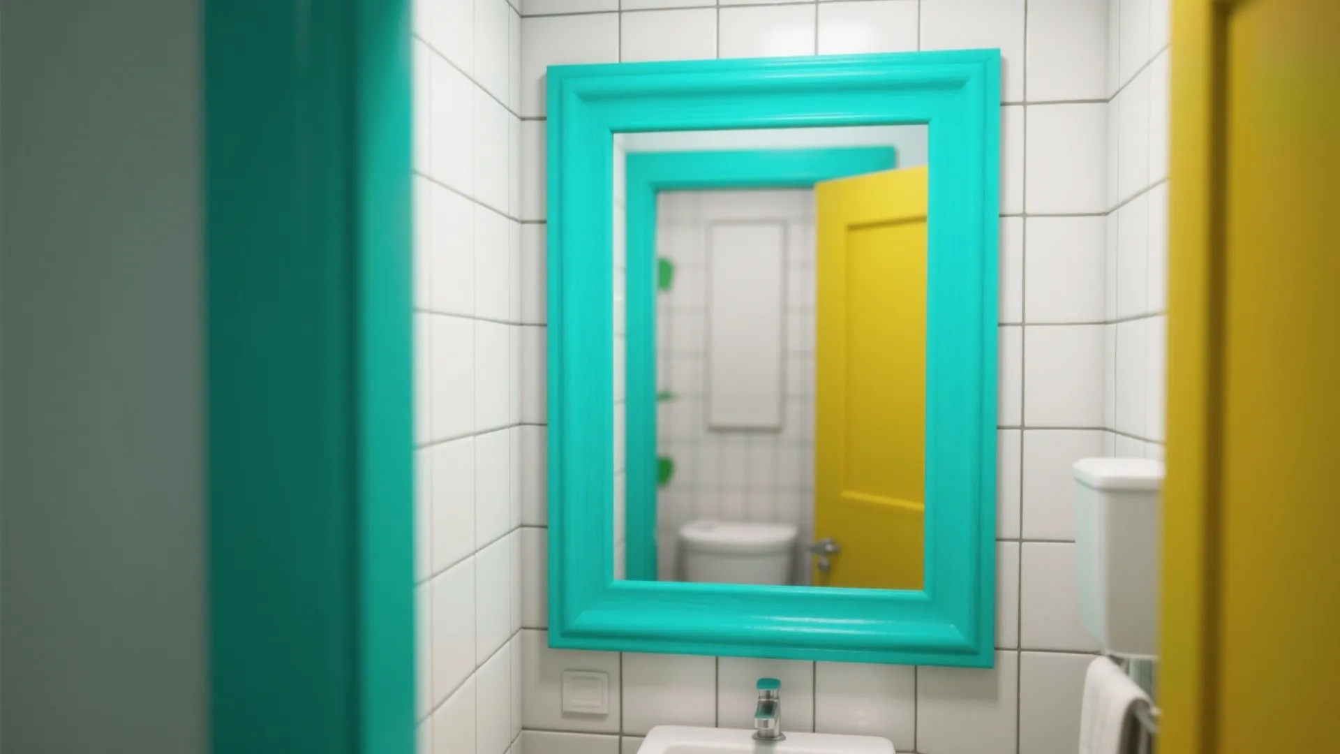 Bright bathroom with blue mirror frame reflecting yellow door against white tiled walls and small sink