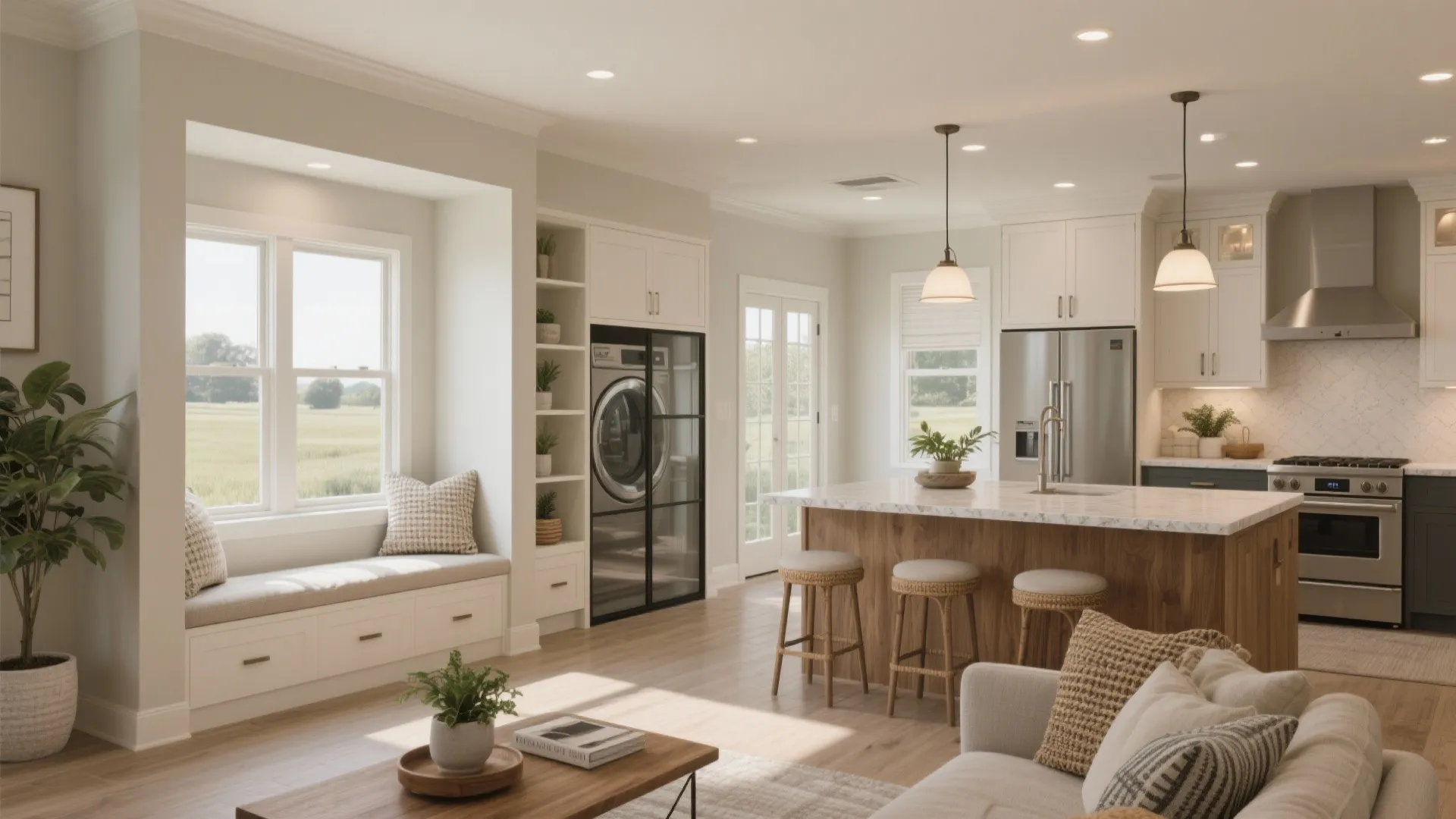Bright open plan kitchen and living room area with wooden island stools and window seat
