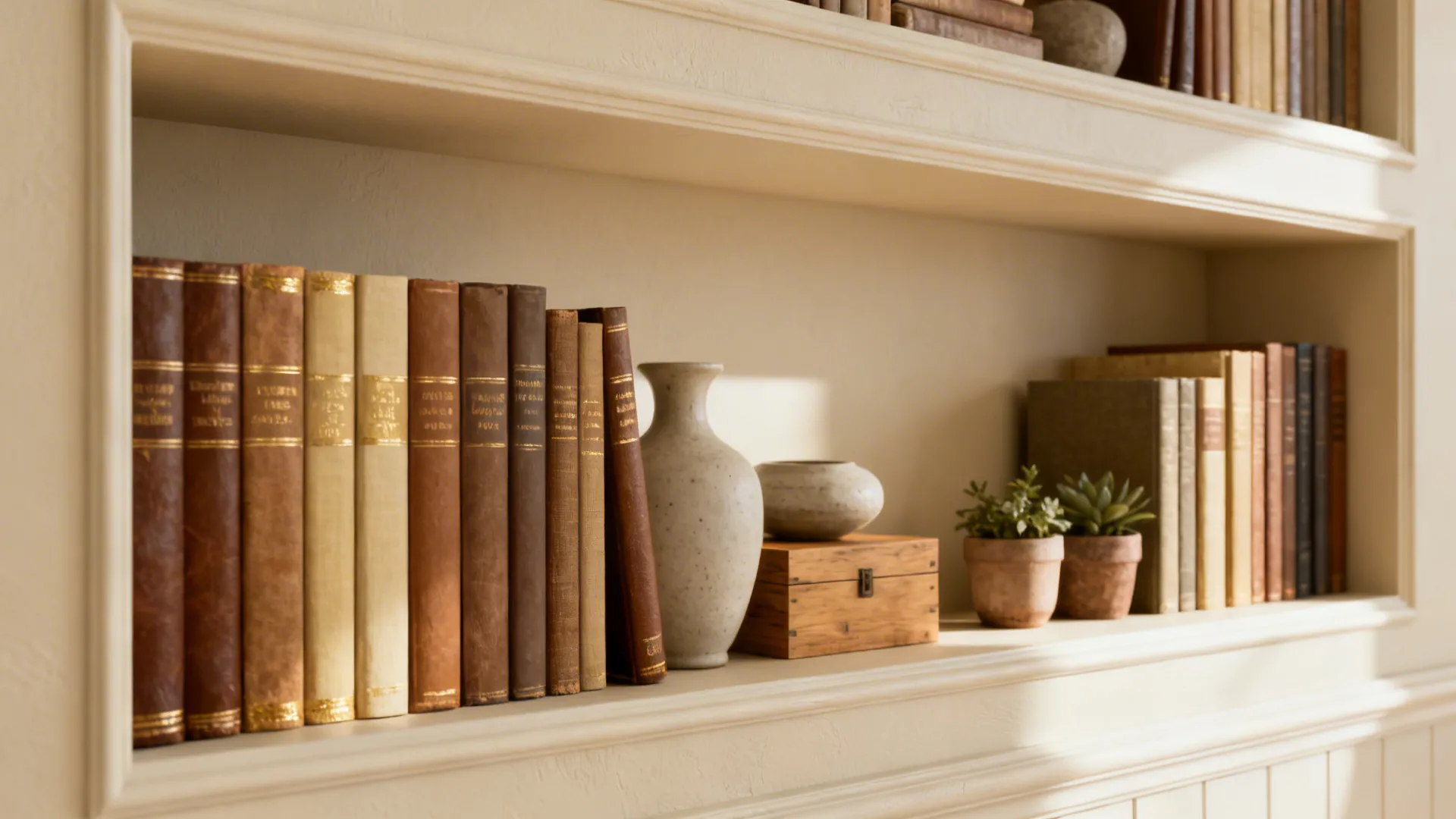 Close-up of a painted recessed shelf with grouped decor showing consistent depth and limited palette