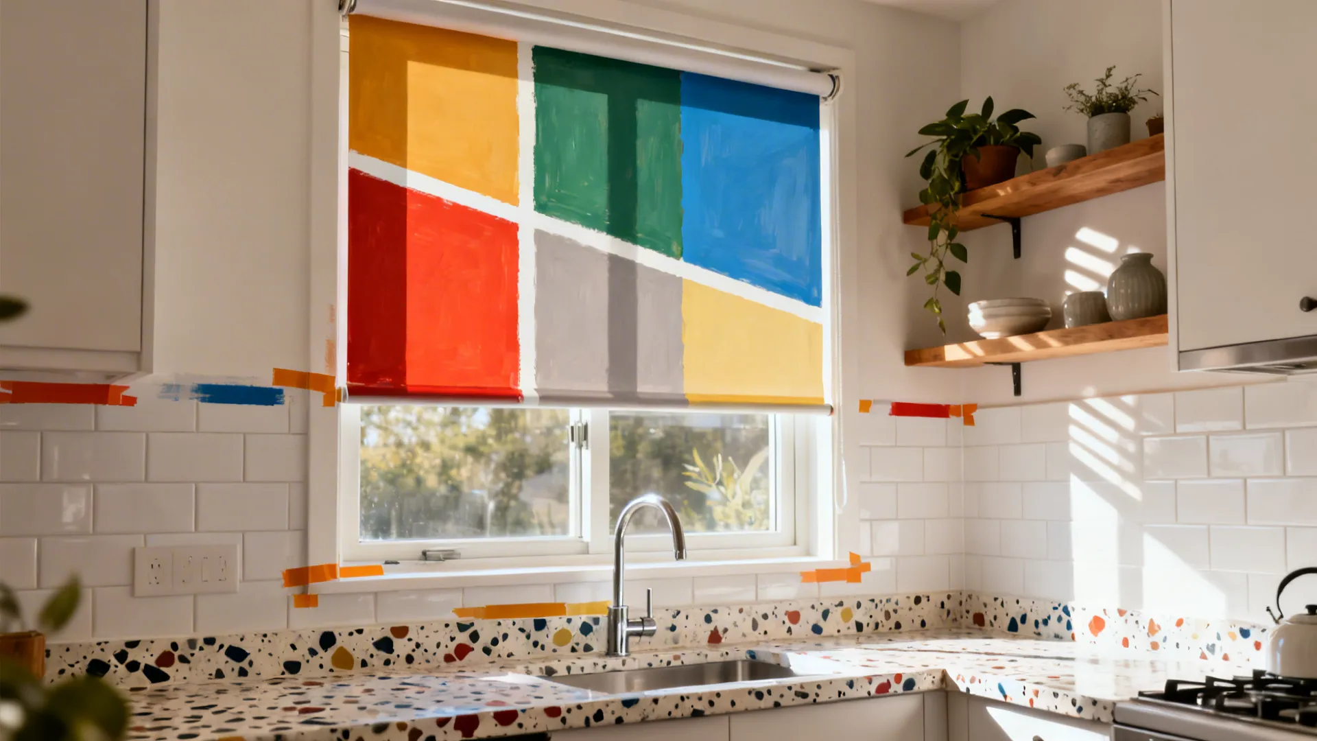 Hand-painted roller blind with geometric blocks coordinating with terrazzo in a small kitchen.