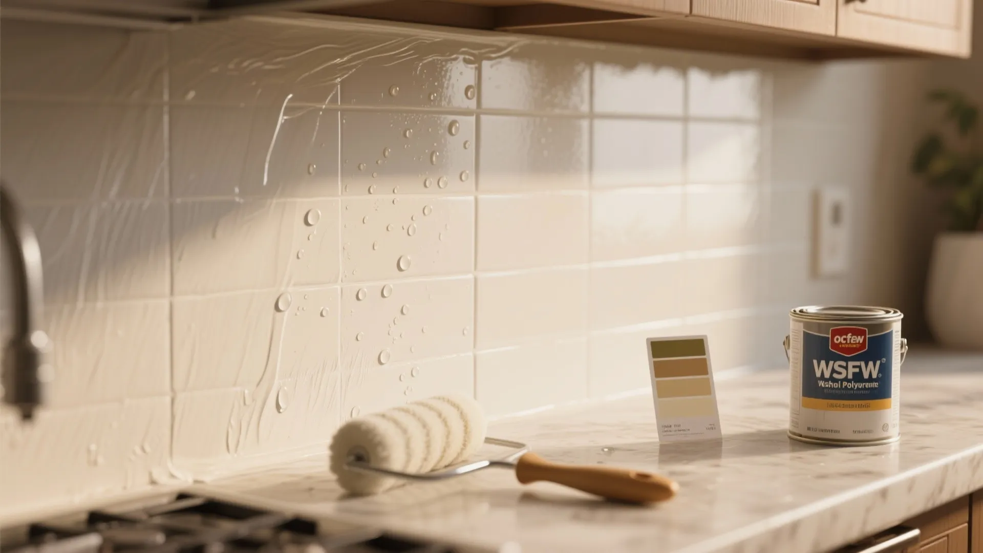 Applying protective glossy sealer over white kitchen wall tiles using a roller and paint can