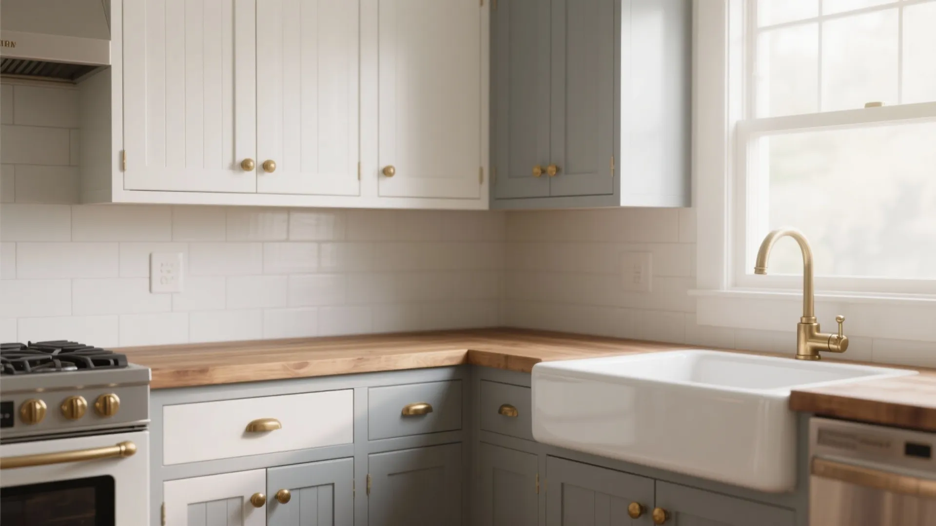 1. Painted Shaker Cabinets with Warm Hardware