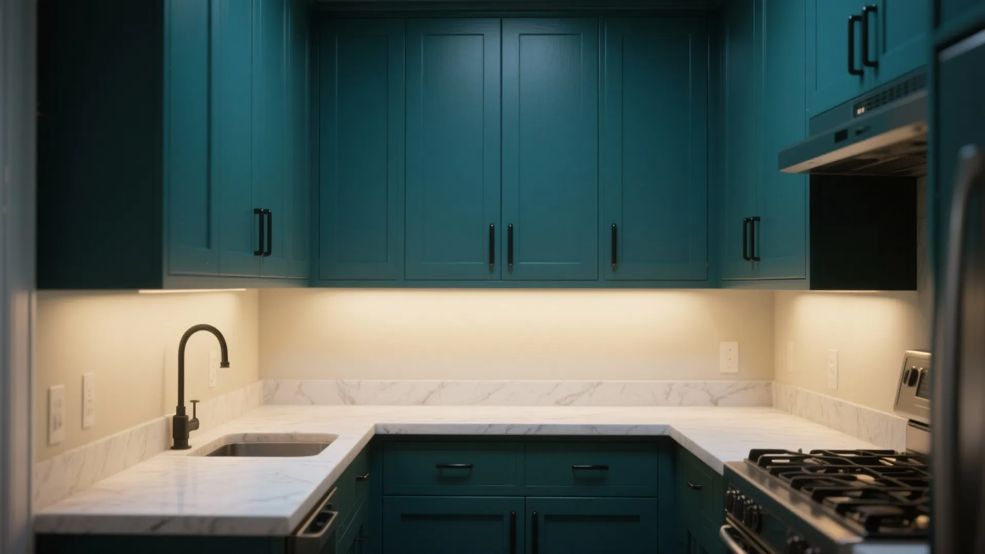 Dark teal kitchen cabinets with marble countertops black faucet under cabinet lighting and a gas stove