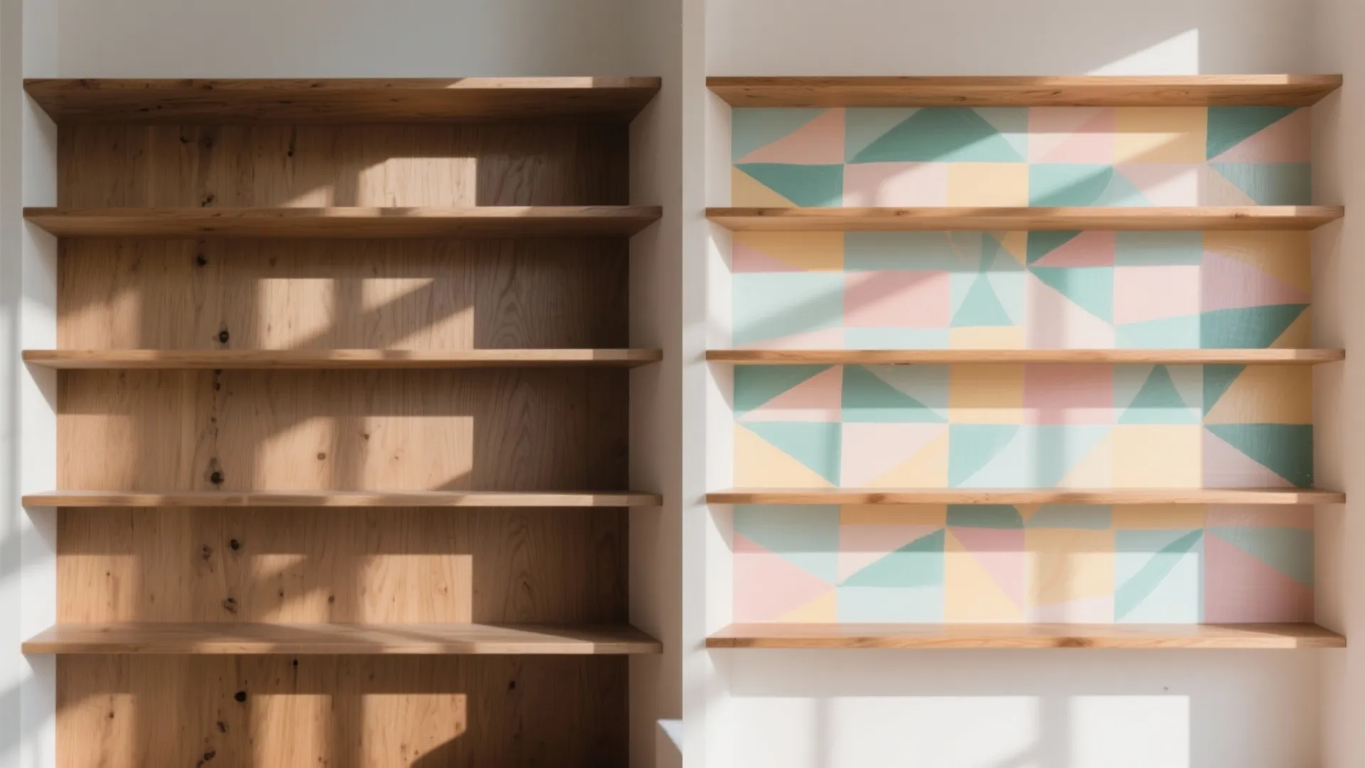 Before-and-after comparison of plain wooden wall shelves and shelves with colorful geometric pattern wall panels