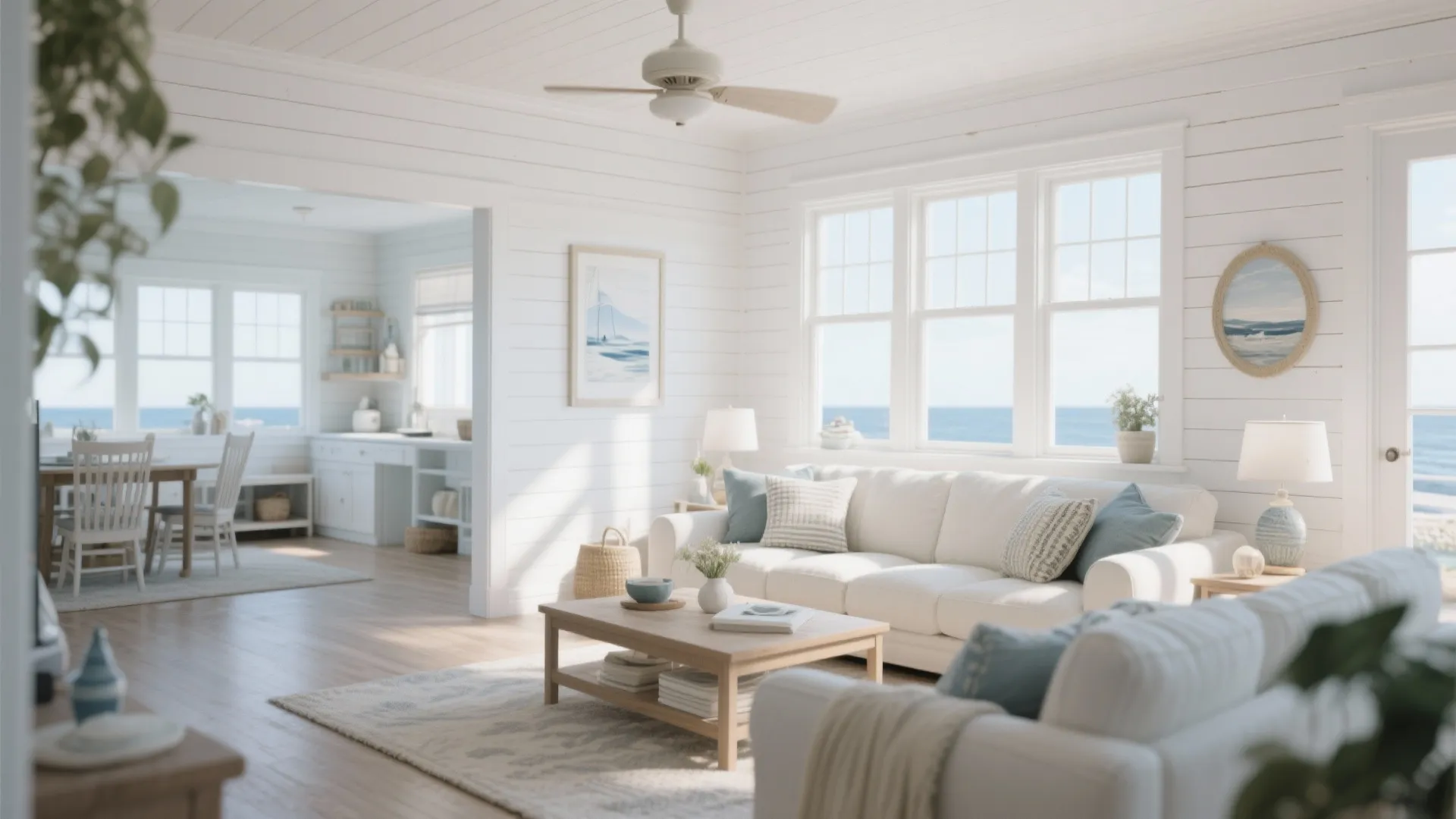 Coastal living room with white wall panel wood ceiling fan soft white sofa and windows
