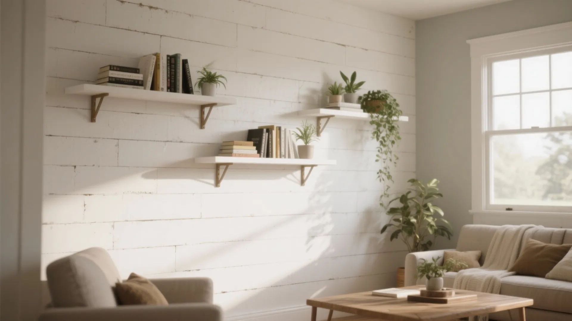 2. Painted Shiplap with Built-in Shelves