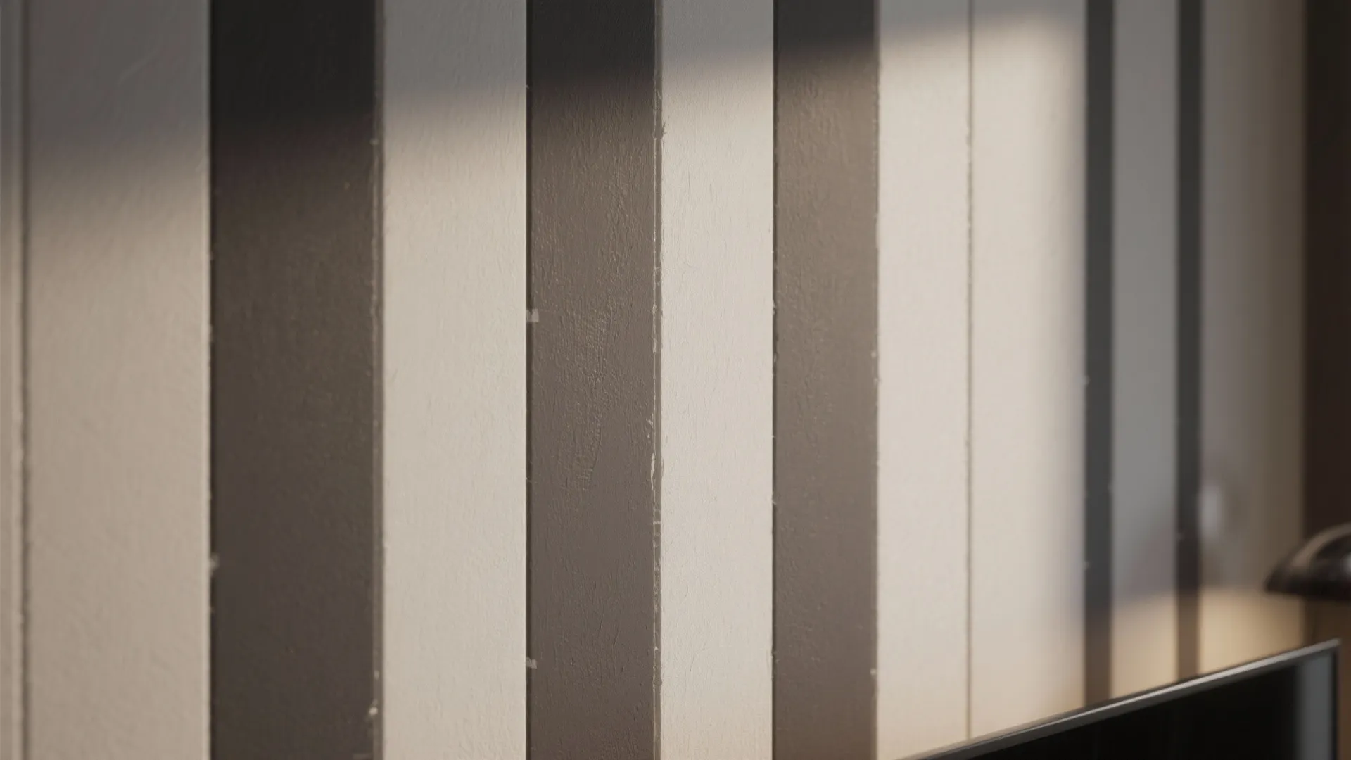 Close up view of vertical wood wall panels with white and dark grey paint finish