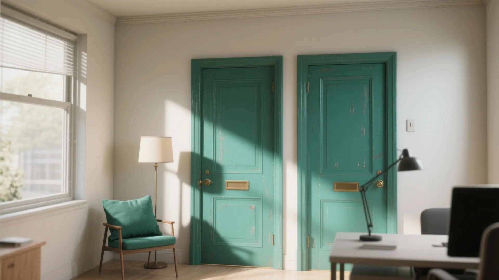 Two green painted doors in a white room with a floor lamp chair and desk