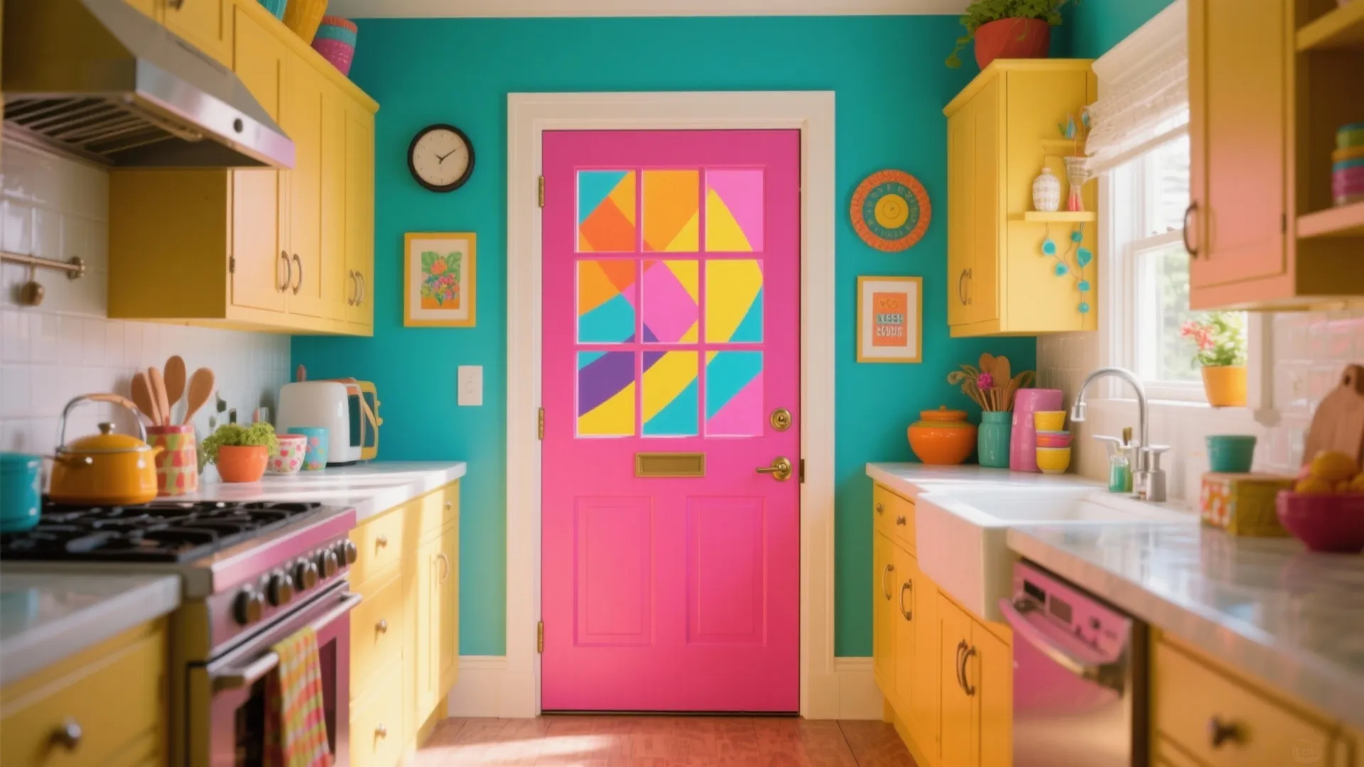 Bright kitchen with bold painted statement back door