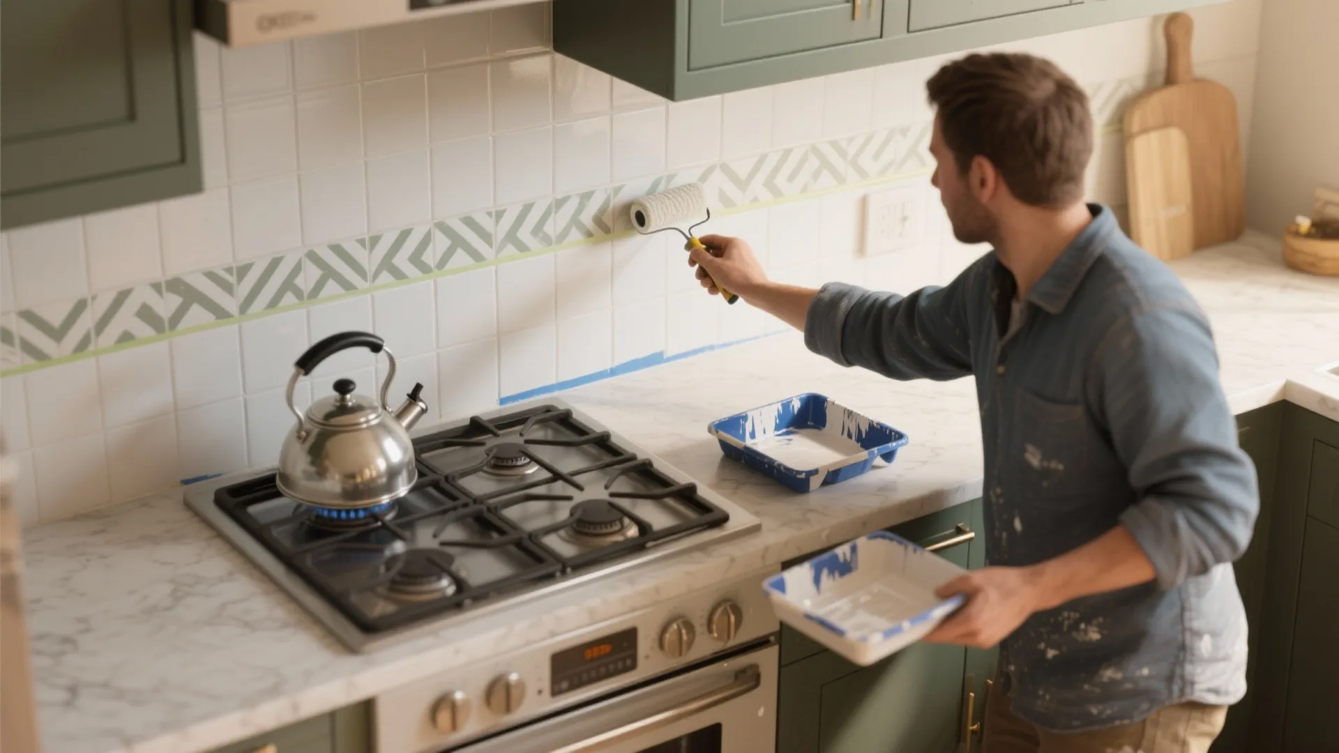 2. Painted Backsplash with Accent Stencil