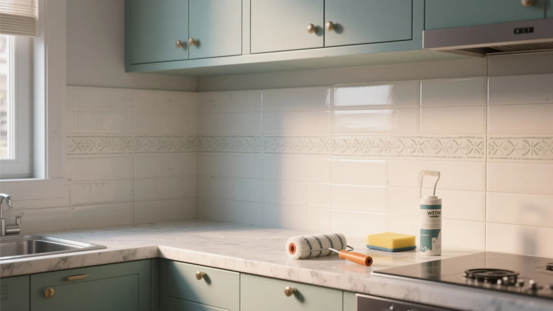 Kitchen renovation tools including paint roller and sponge on white counter with green wall cabinets