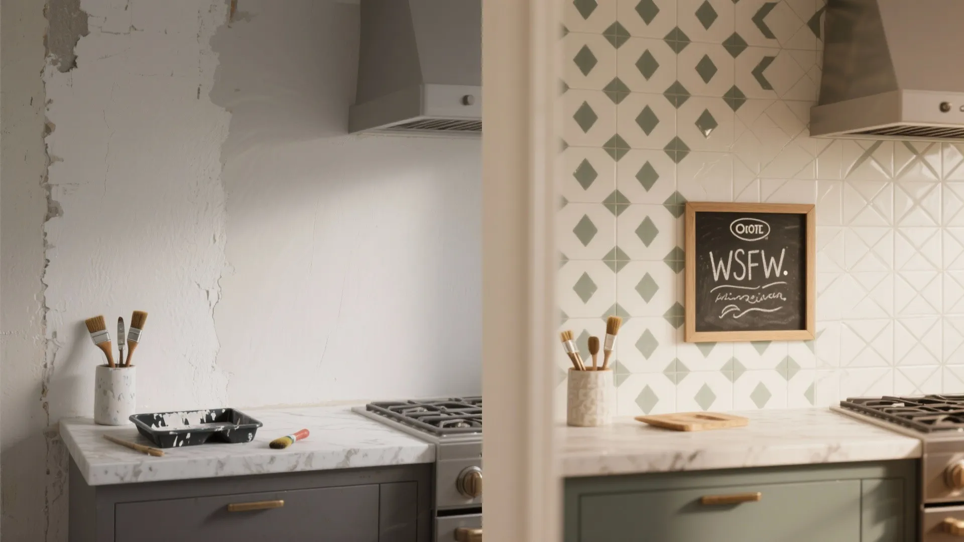 Before and after comparison of a kitchen wall being updated with green diamond pattern tiles