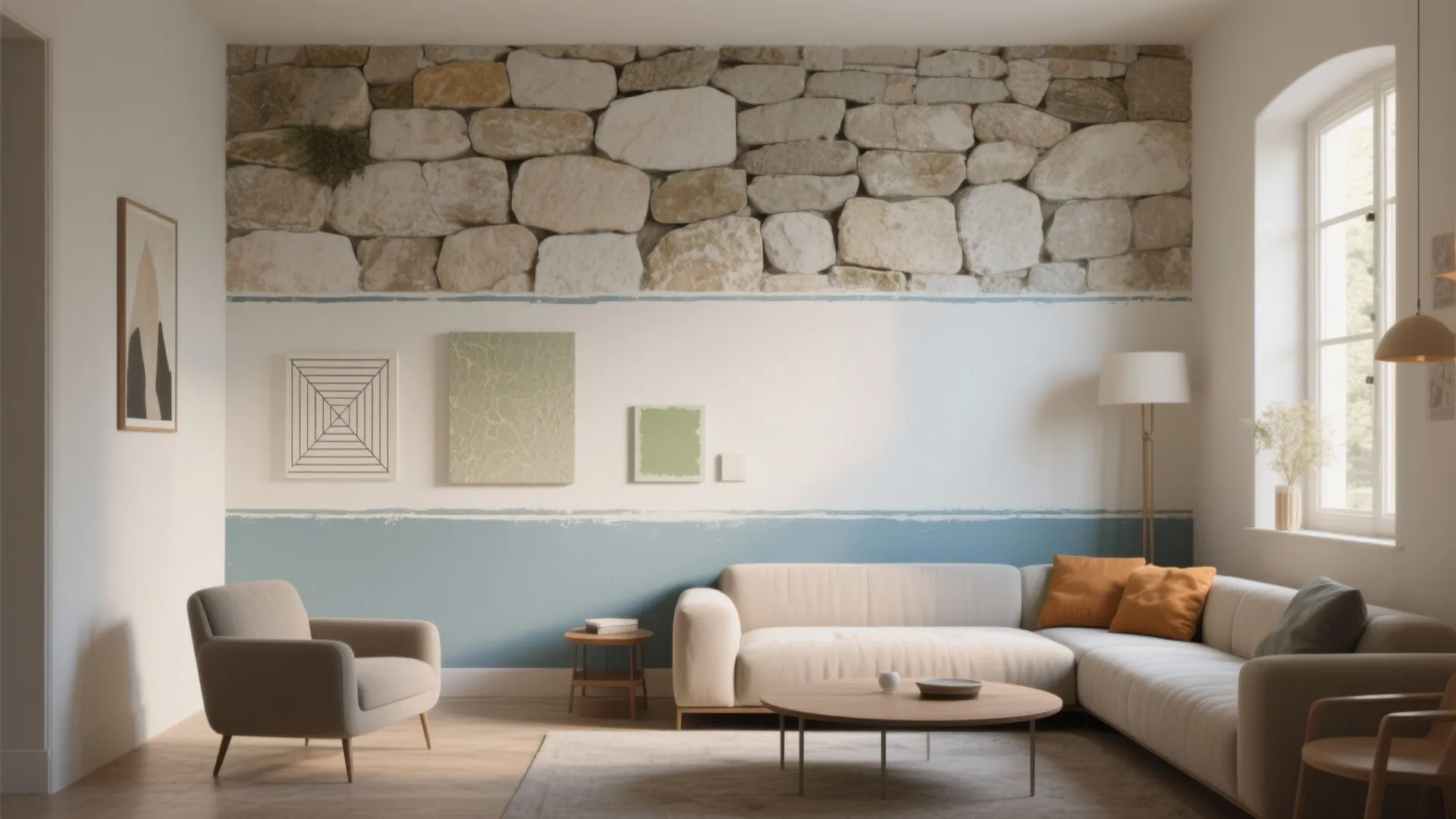 Living room with stone wall top plus blue and white paint plus sofa and armchair