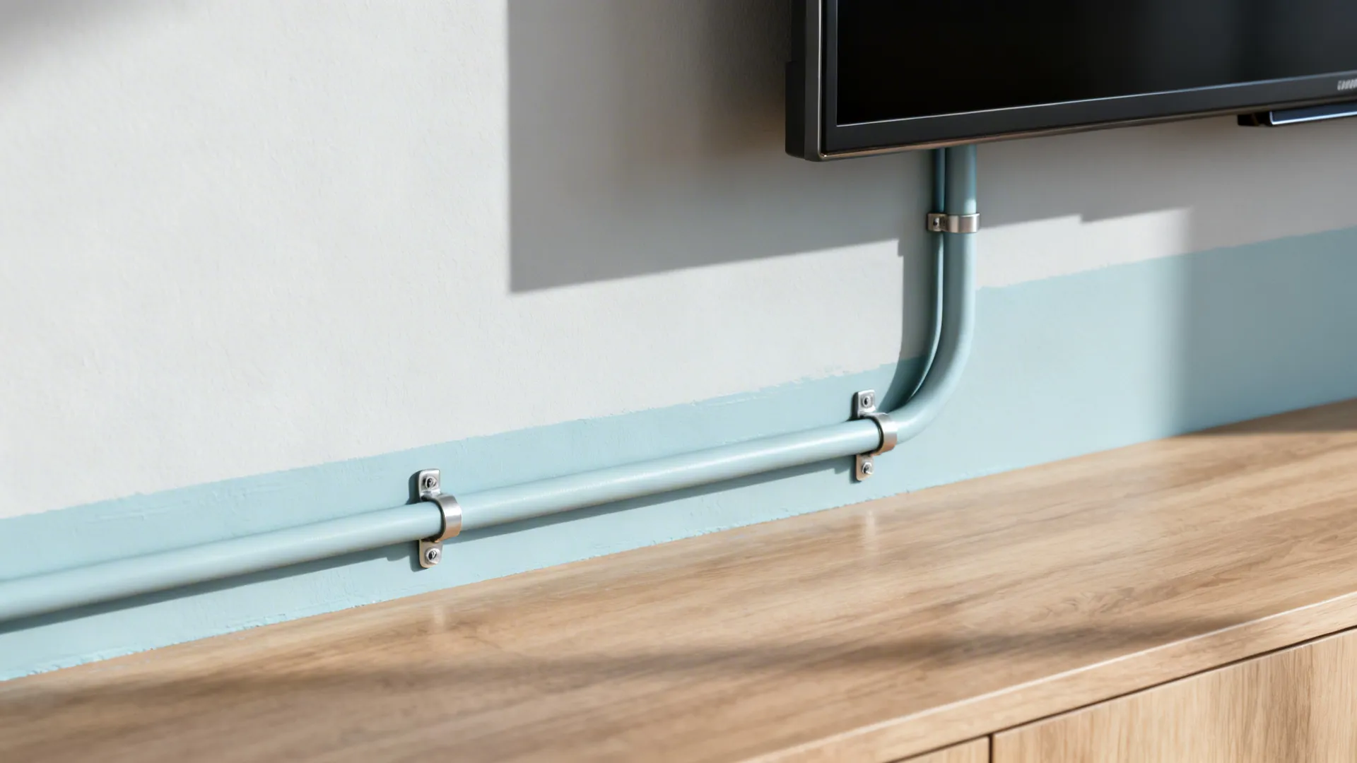 Painted surface raceway concealing cables to a wall-mounted TV