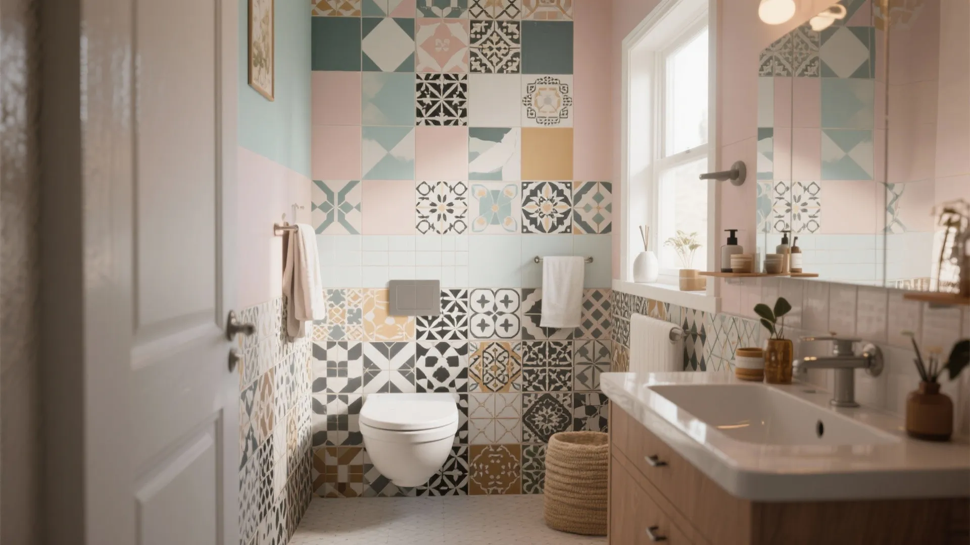 Modern bathroom with colorful patterned wall tiles wooden cabinet white sink toilet and a large mirror