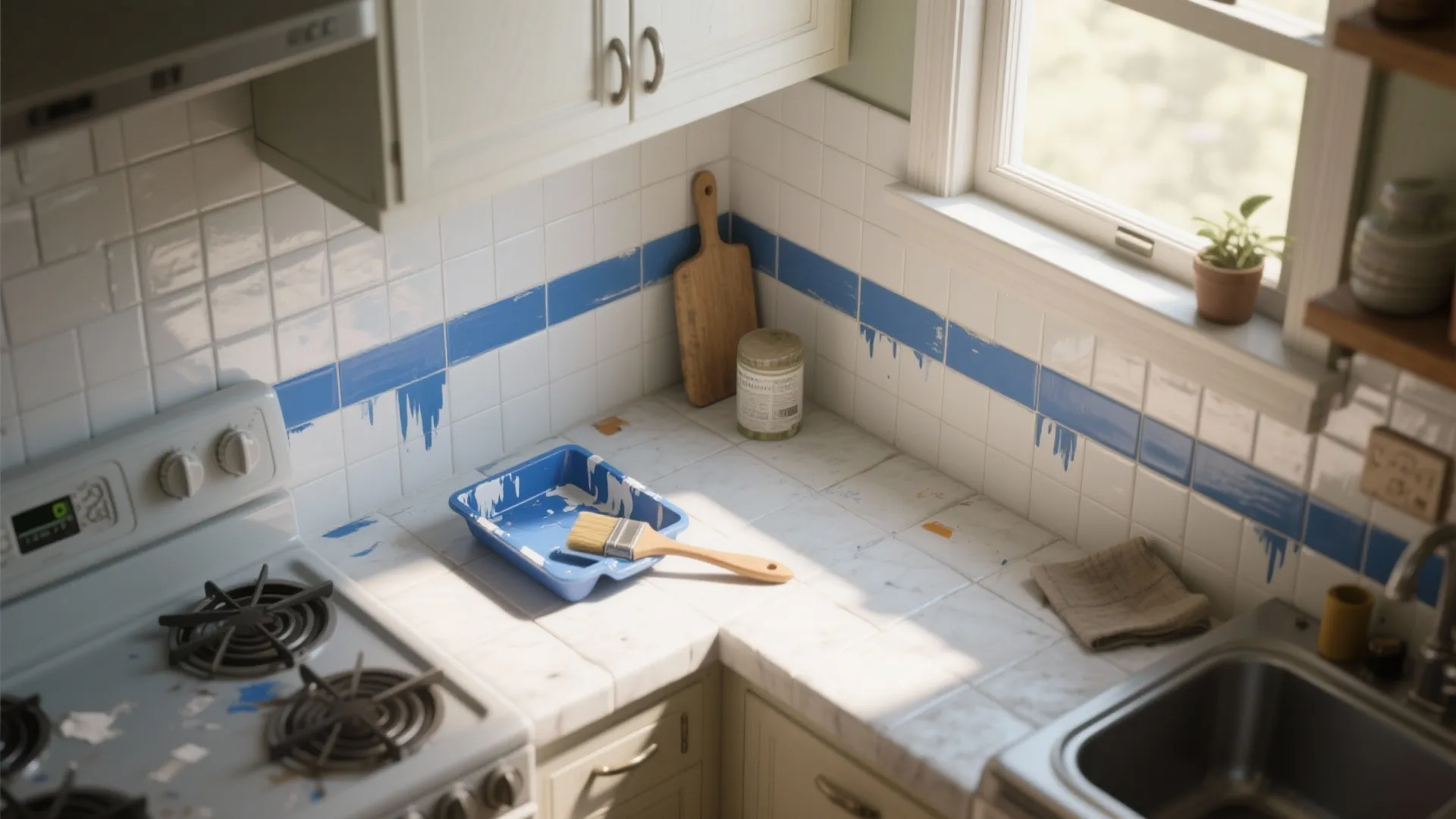 5. Painted White Tile with Blue Accent Stripe