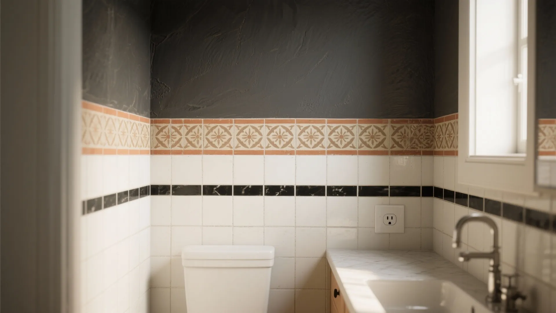 Bathroom wall with white tiles decorative floral border black stripe dark grey paint and sink