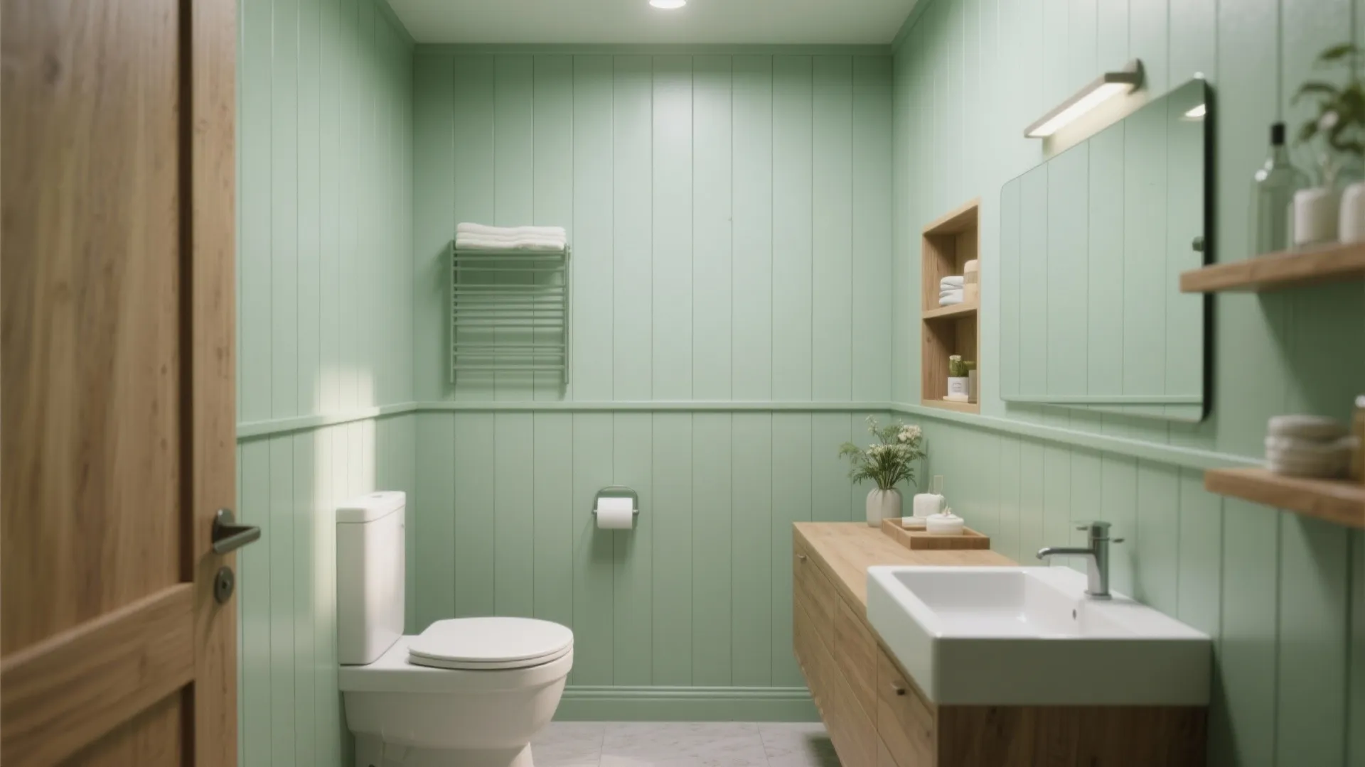 Soft sage green painted tongue-and-groove panels in a small bathroom
