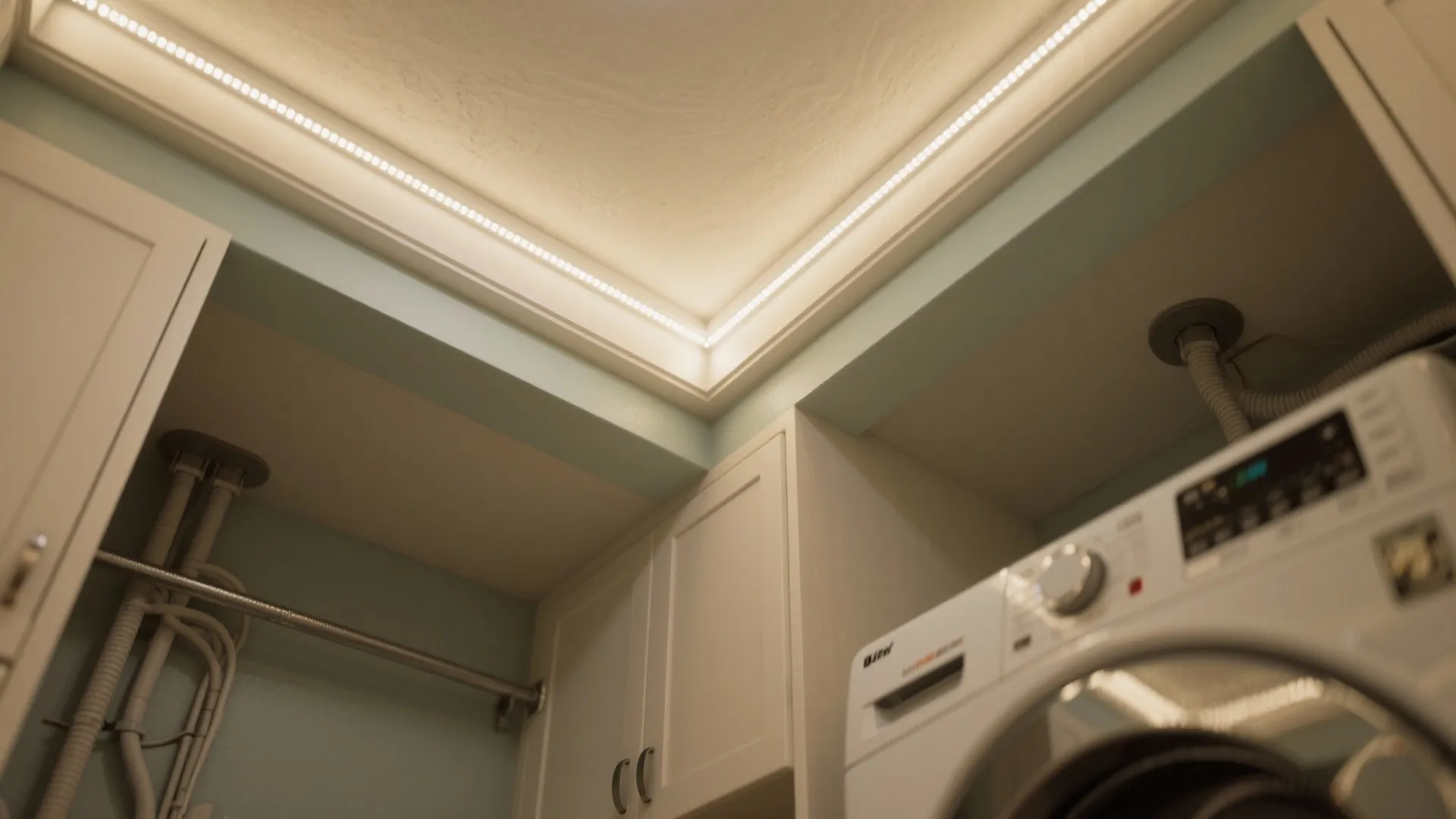 Laundry room ceiling with bright LED strip lights above white cabinets and a washing machine