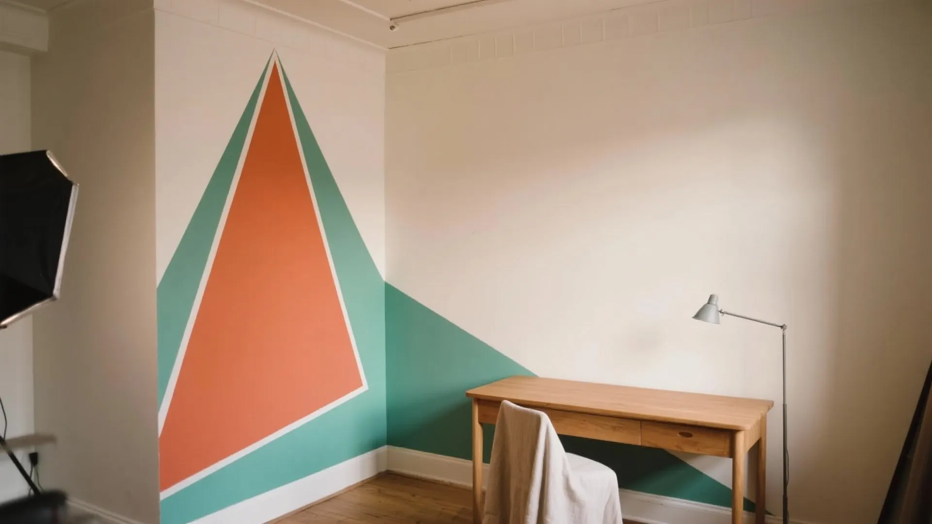 Home office with wooden desk and white wall featuring orange and green painted triangle shapes