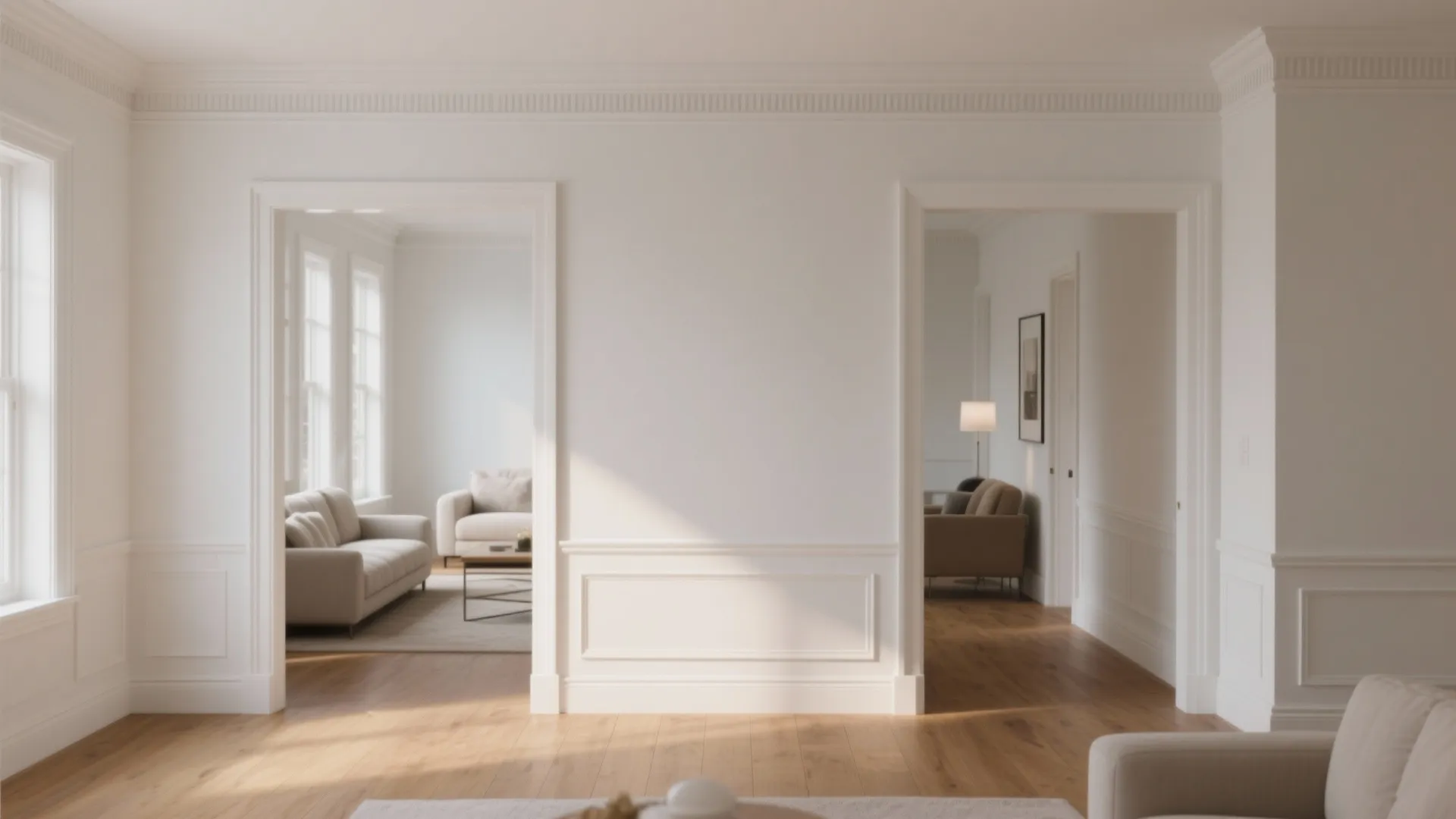 Bright white room with wall panels wooden floor and two open doorways showing modern living furniture