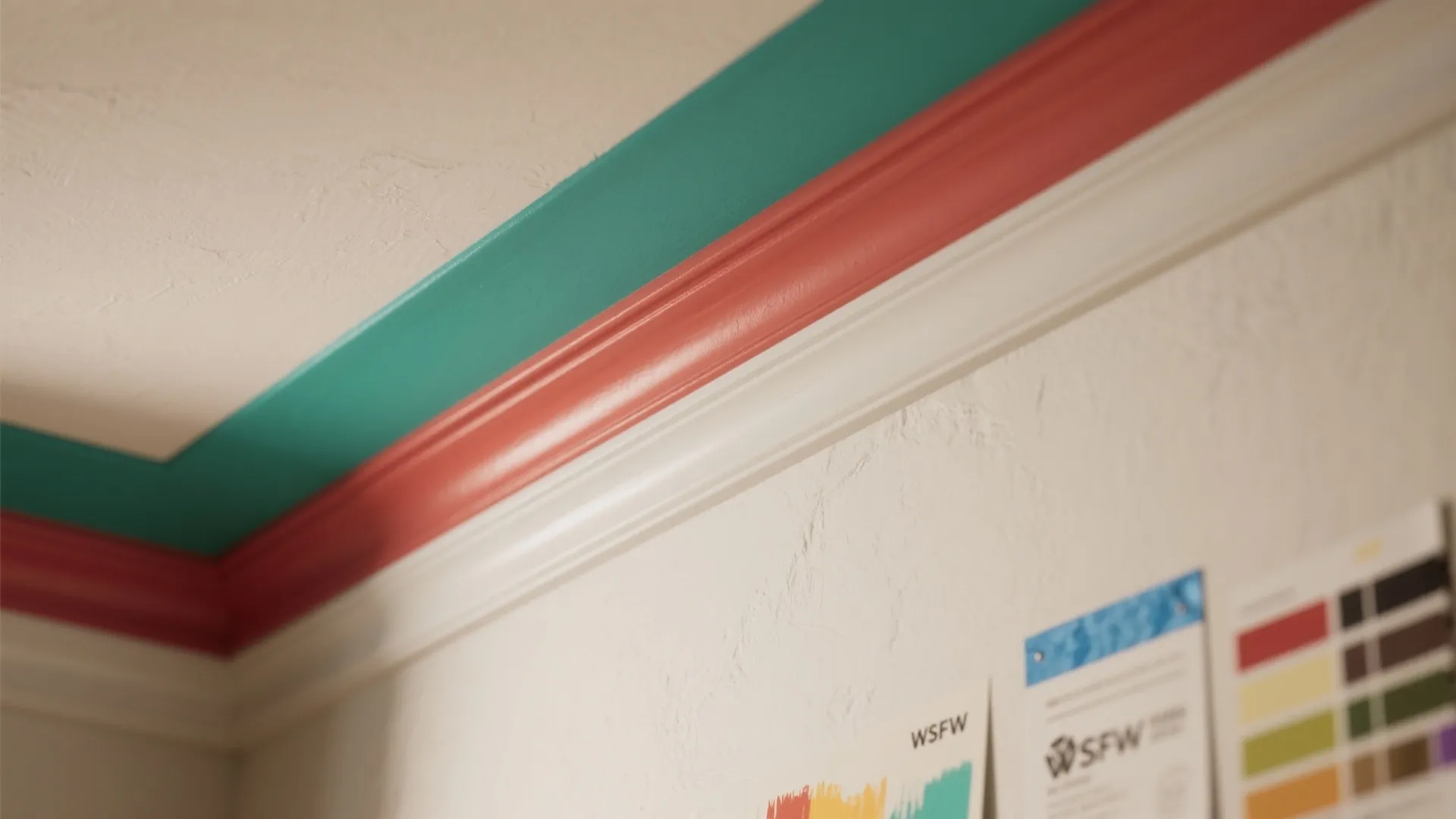 Close up of decorative wall panel trims painted in teal and red colors near ceiling
