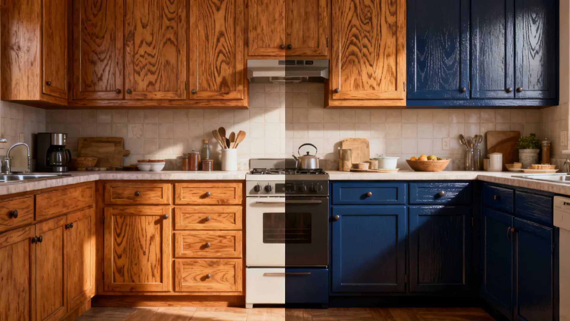Before-and-after kitchen view showing original honey oak and selective painted lower cabinets in deep blue.