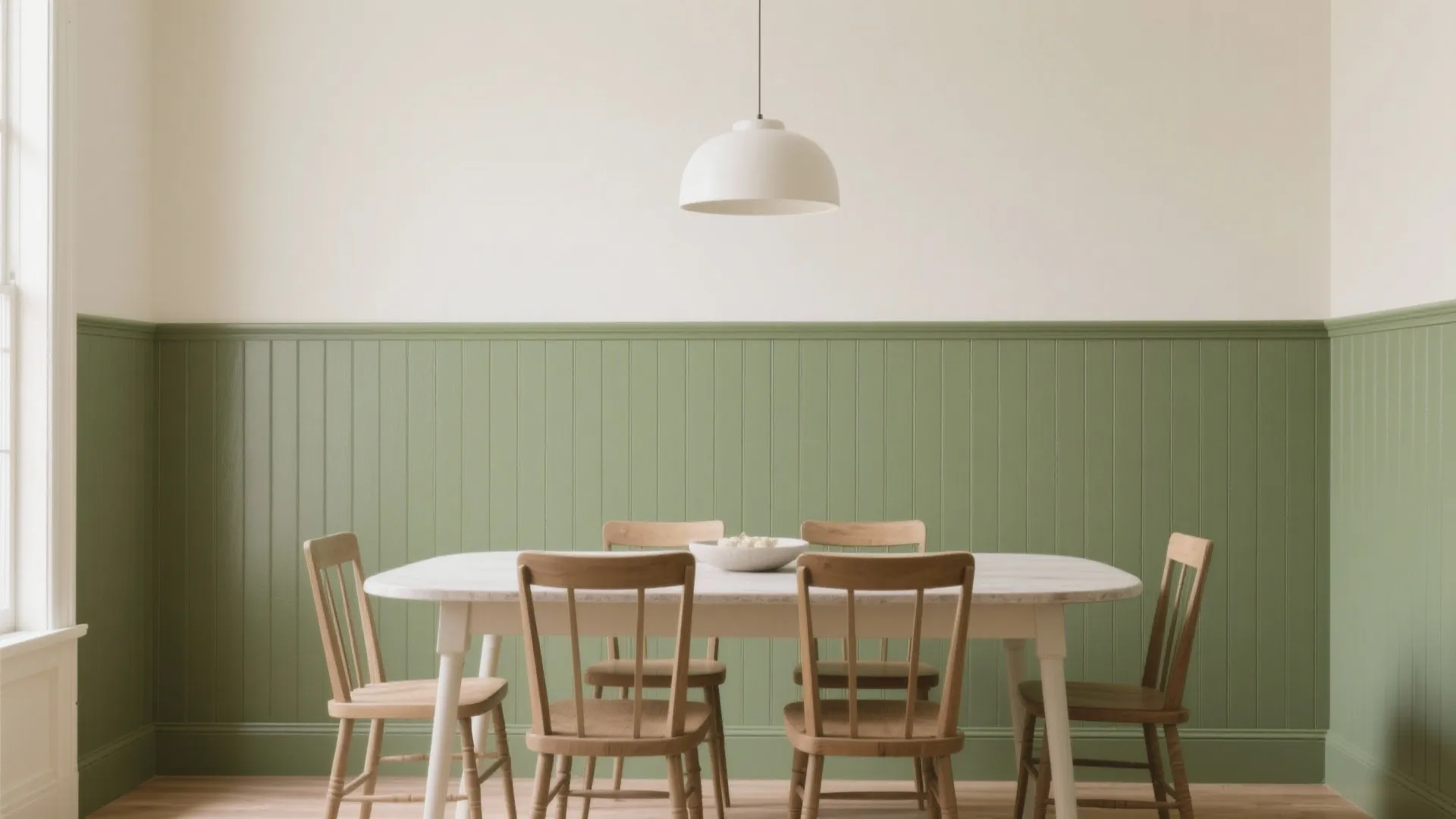 Modern dining room featuring green wall panels, a white table, wooden chairs, and hanging light