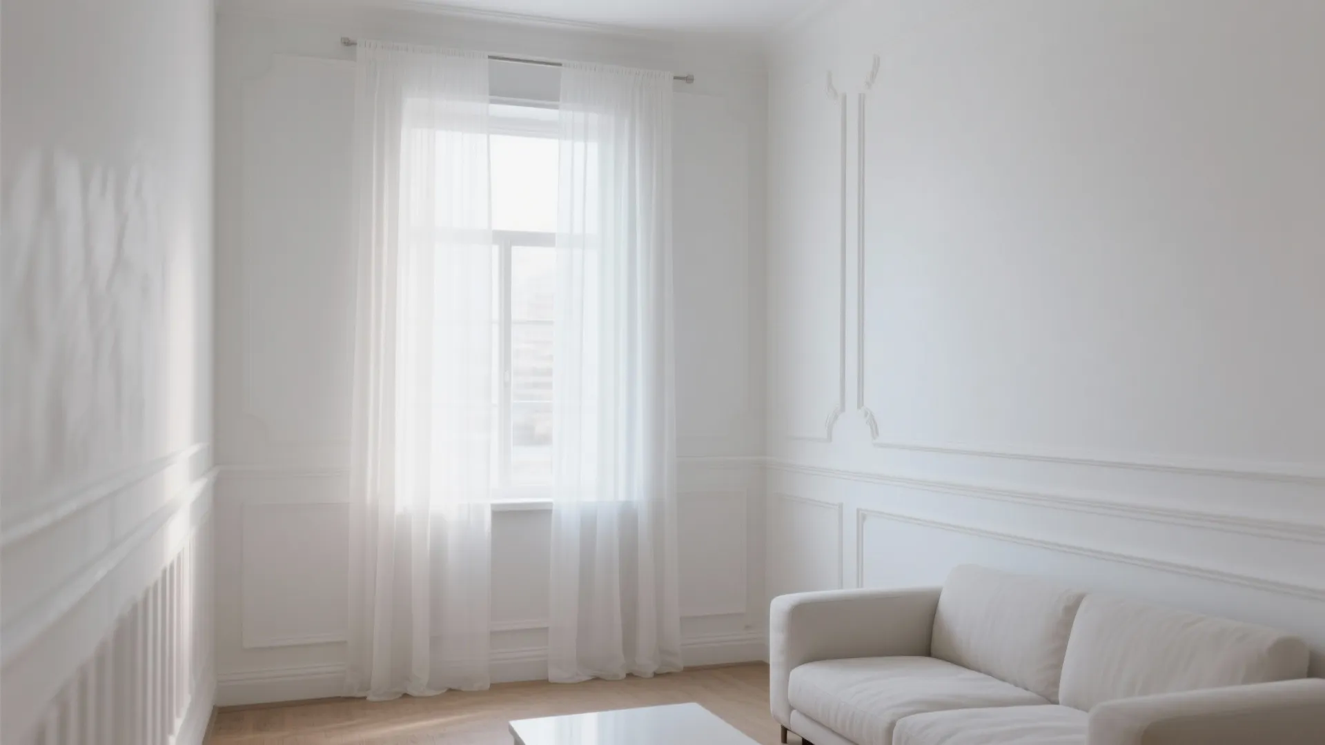 Bright white living room interior with wall panel design white sofa window and wooden floor
