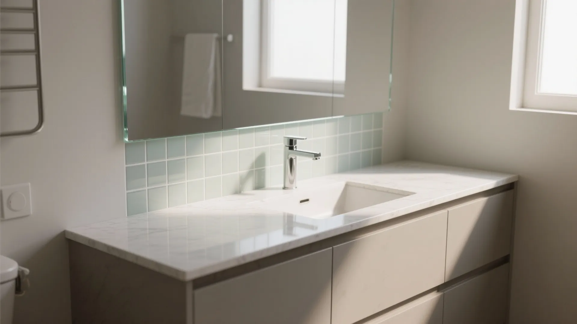 Modern bathroom interior with white marble countertop silver faucet light green tiles and large mirror