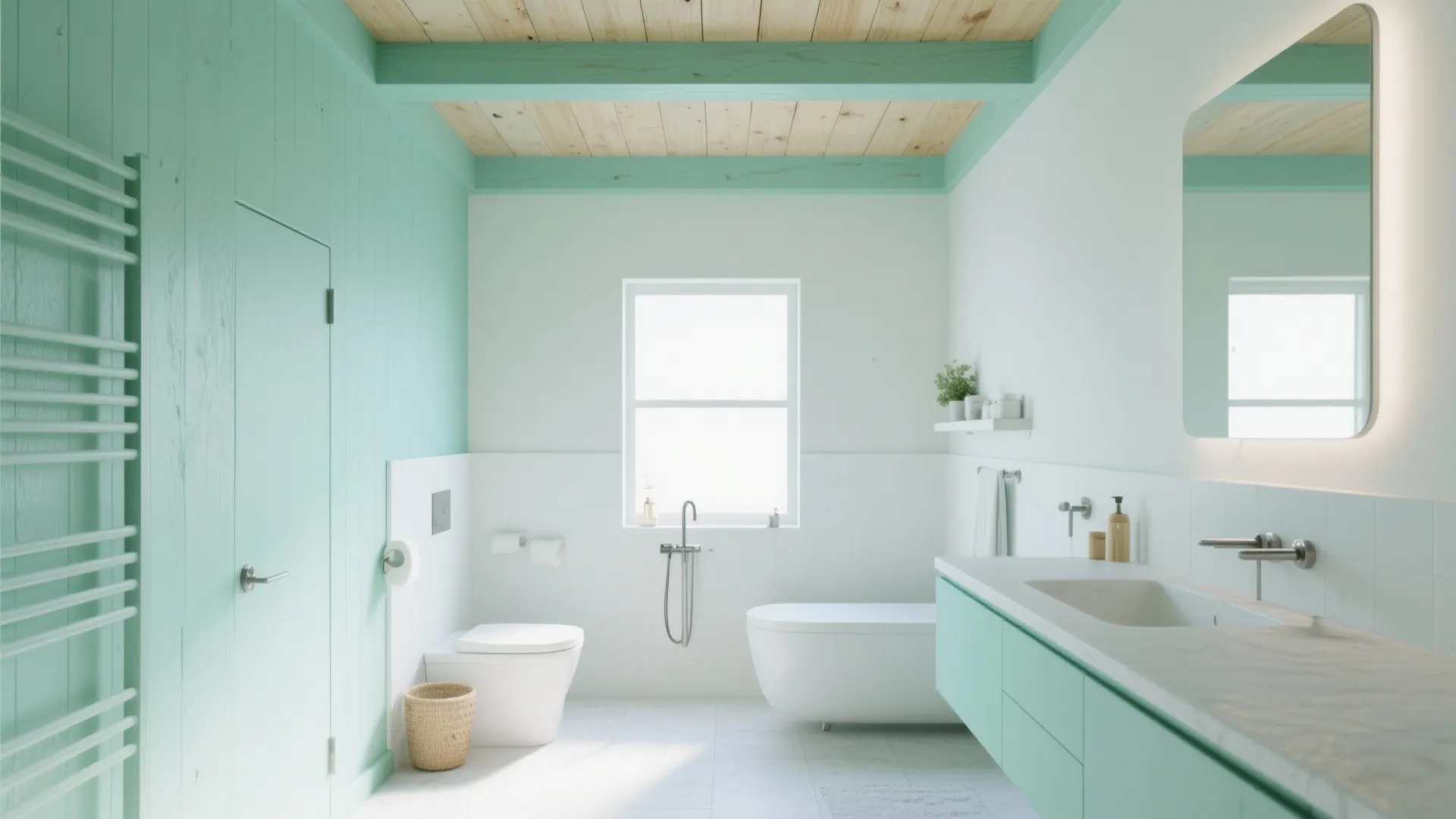 Bright bathroom with mint green wall panels wood ceiling bathtub toilet and white cabinet with sink