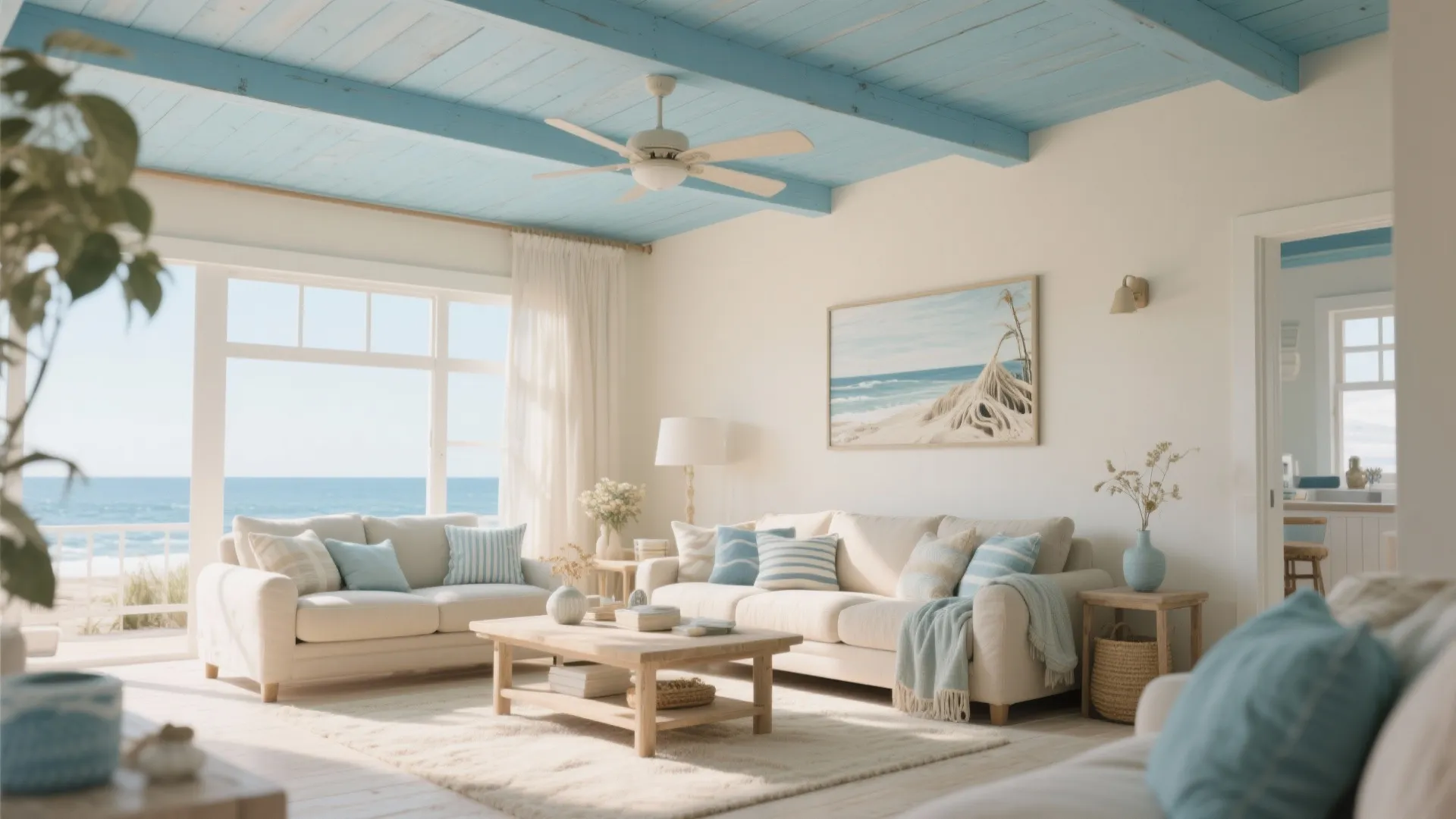 Coastal living room with light blue painted wood ceiling and white sofas near the ocean