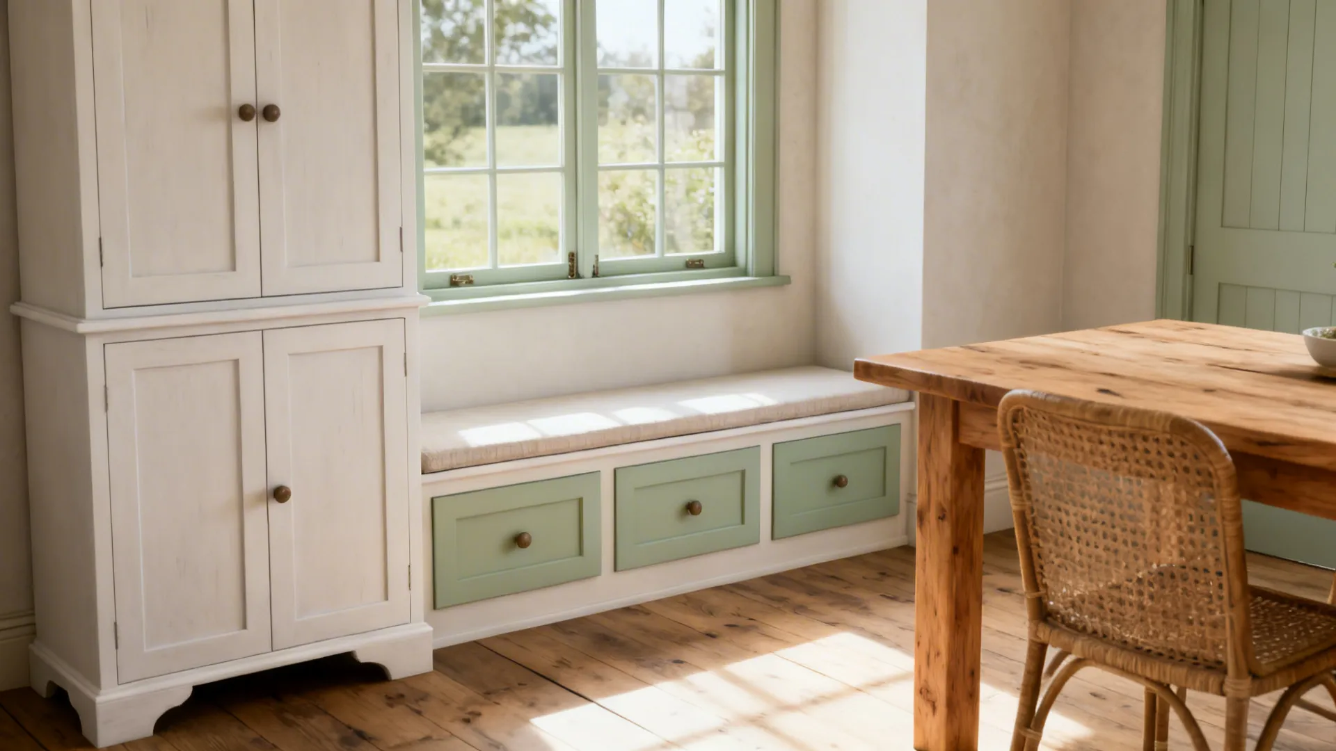 Small dining nook with milk-white painted furniture paired with raw oak and rattan accents