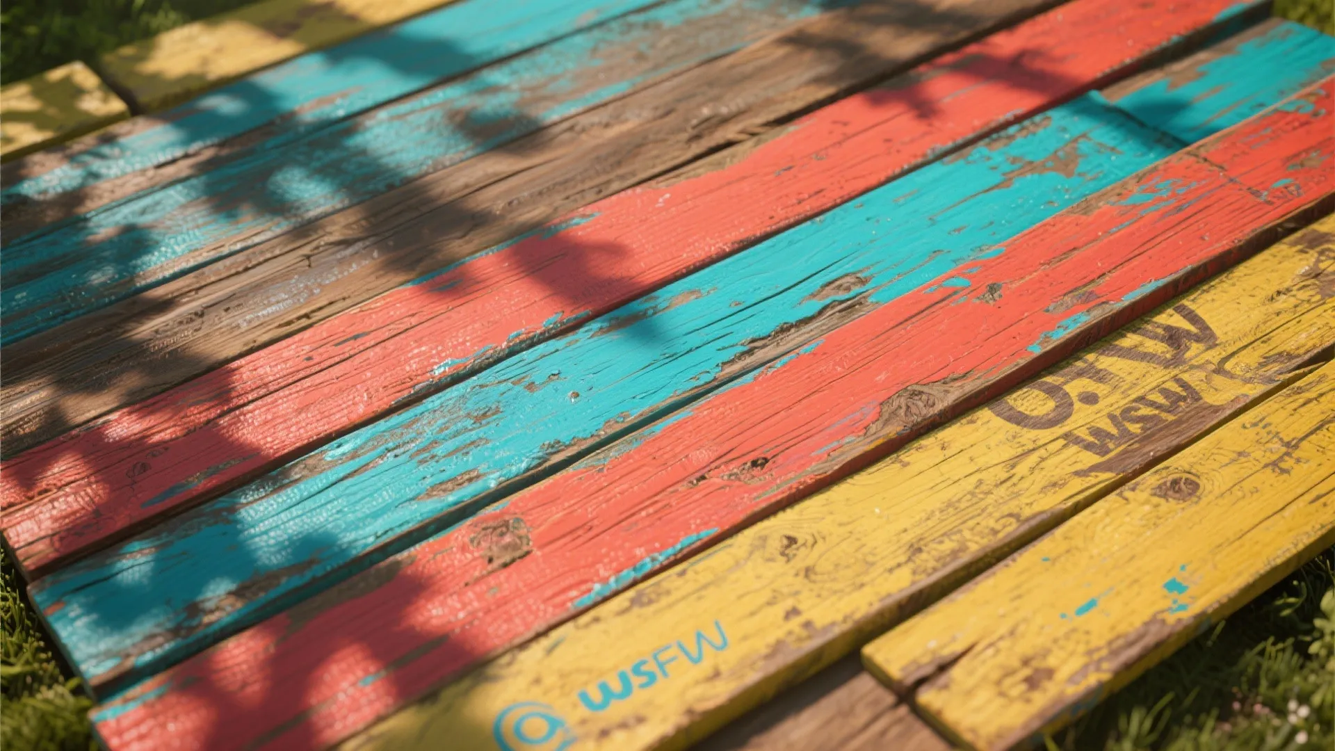 Rustic wooden floor panels painted in bright blue red and yellow colors for outdoor garden