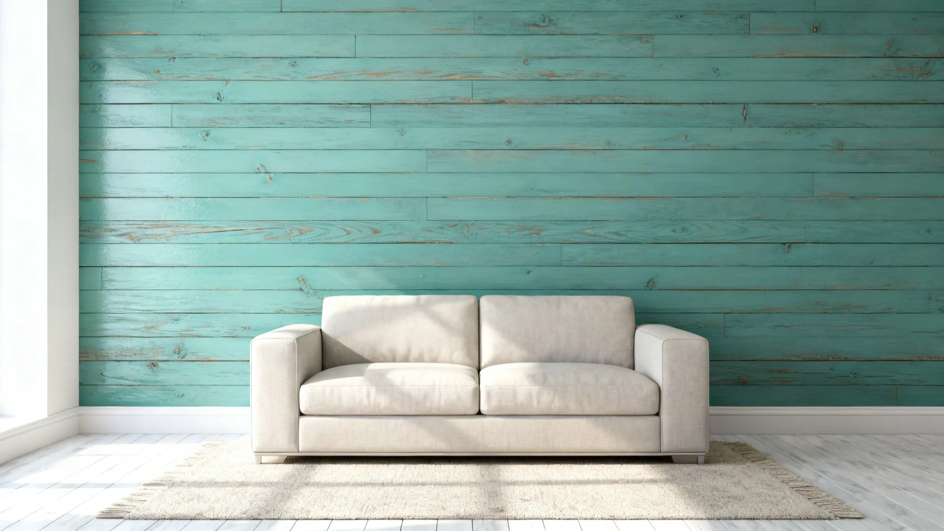 Small living room with muted teal painted wood plank accent wall and semi-gloss finish