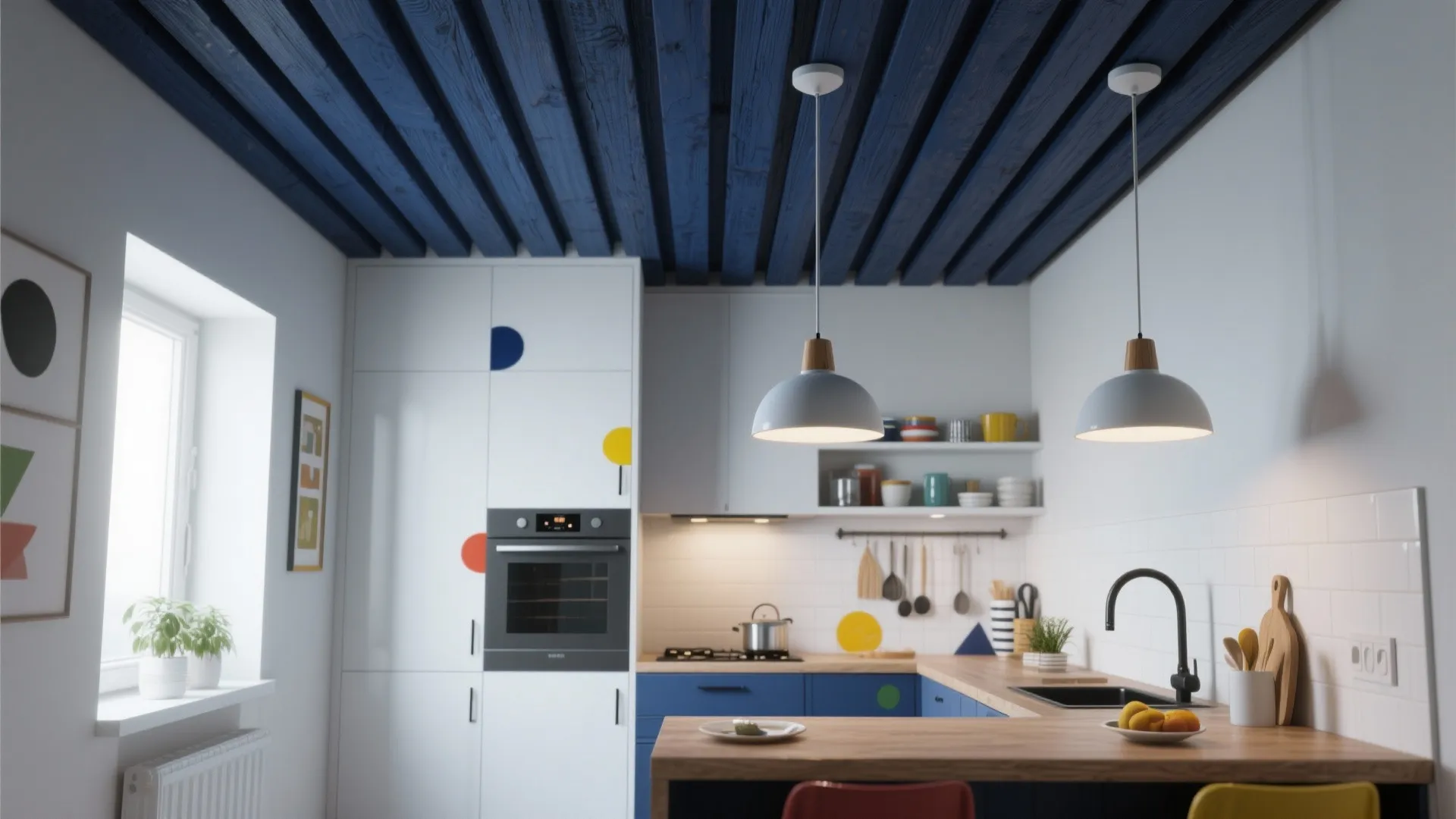 Modern kitchen with white and blue cabinets plus wooden countertop under blue wood slat ceiling