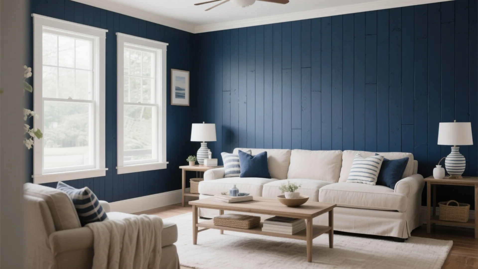 Deep navy beadboard wood wall in a coastal-themed living room