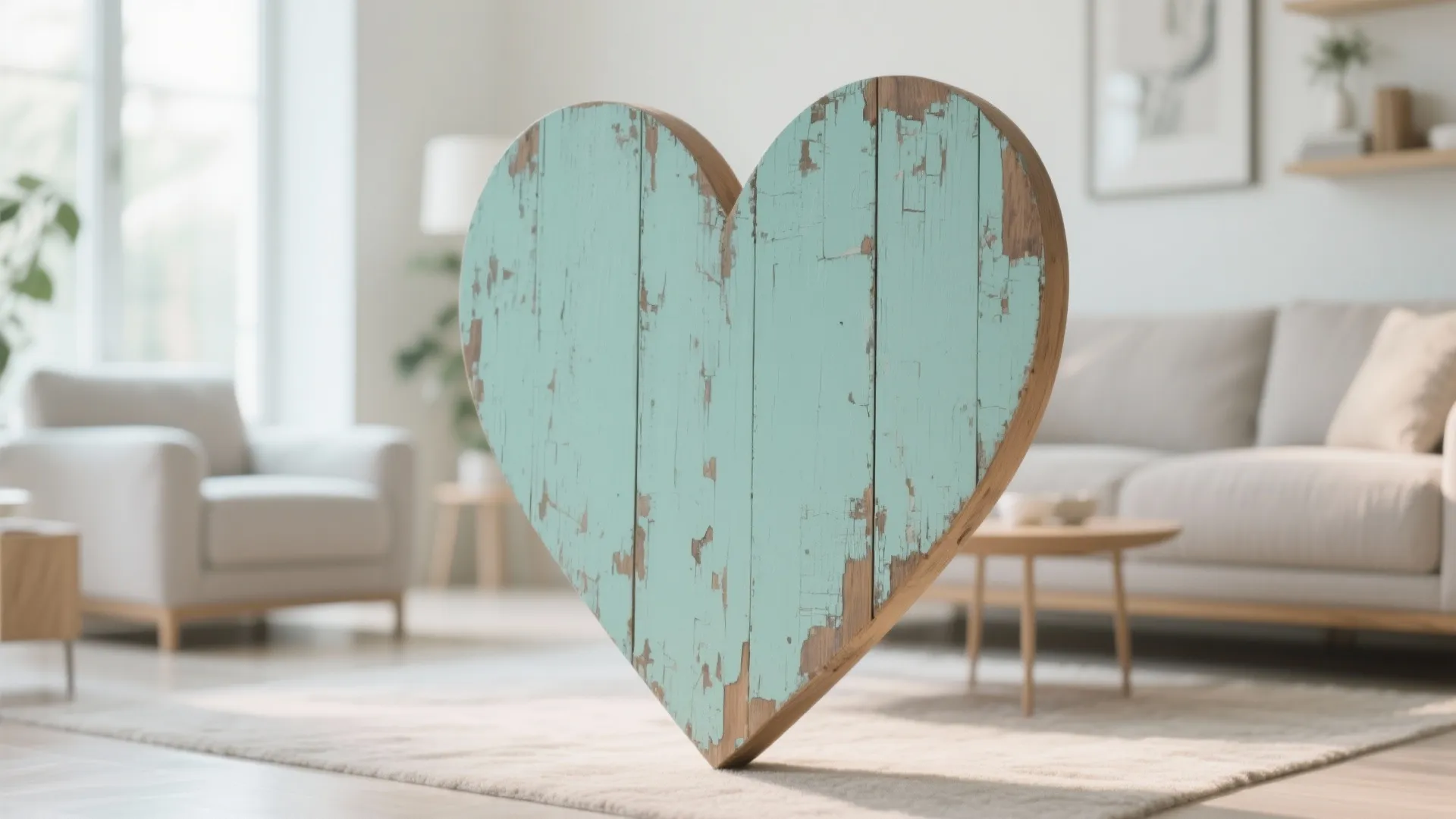 Pastel painted wooden heart with chippy texture in modern interior
