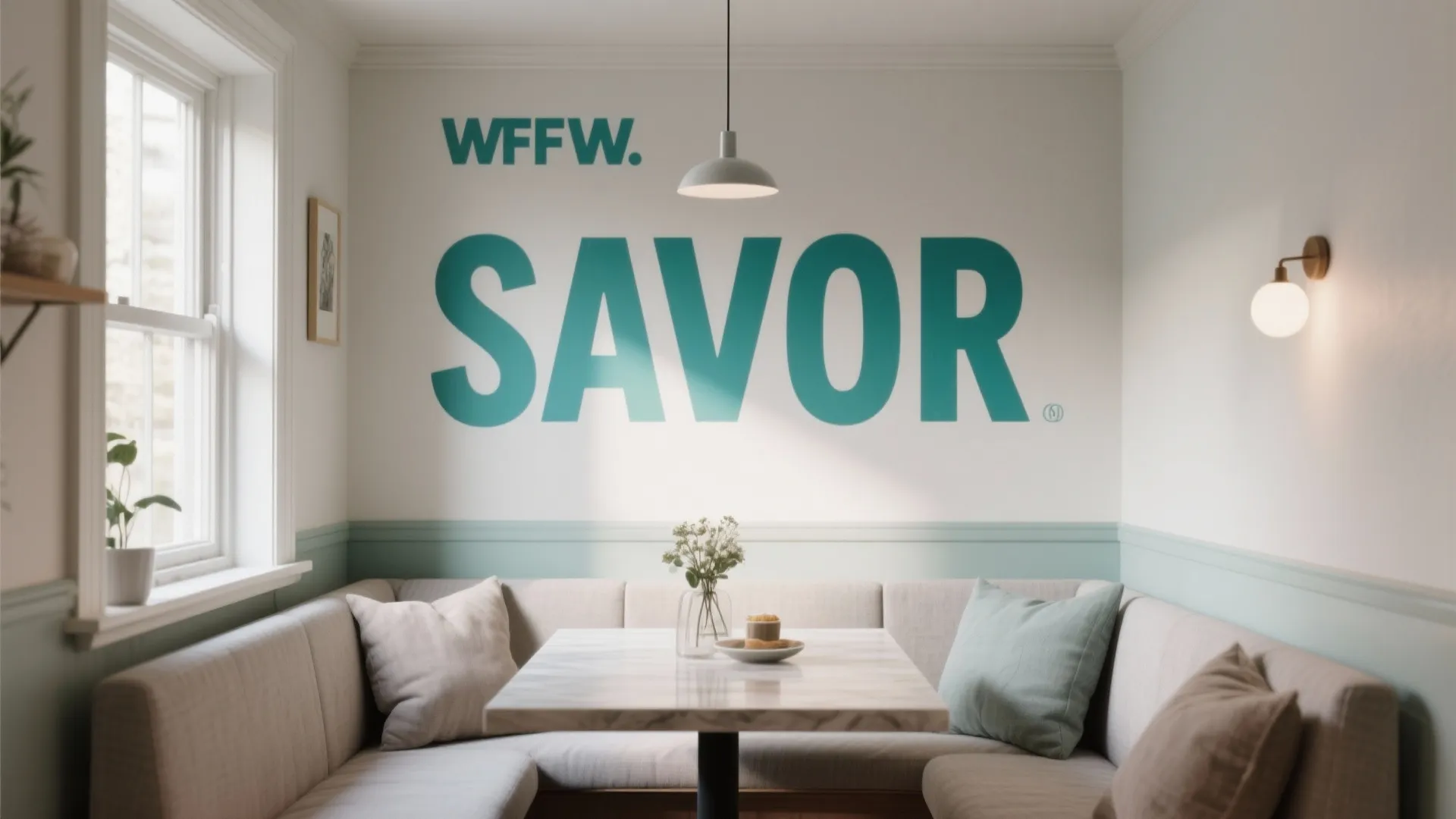 Modern dining area featuring a wall mural with large text above a grey corner sofa