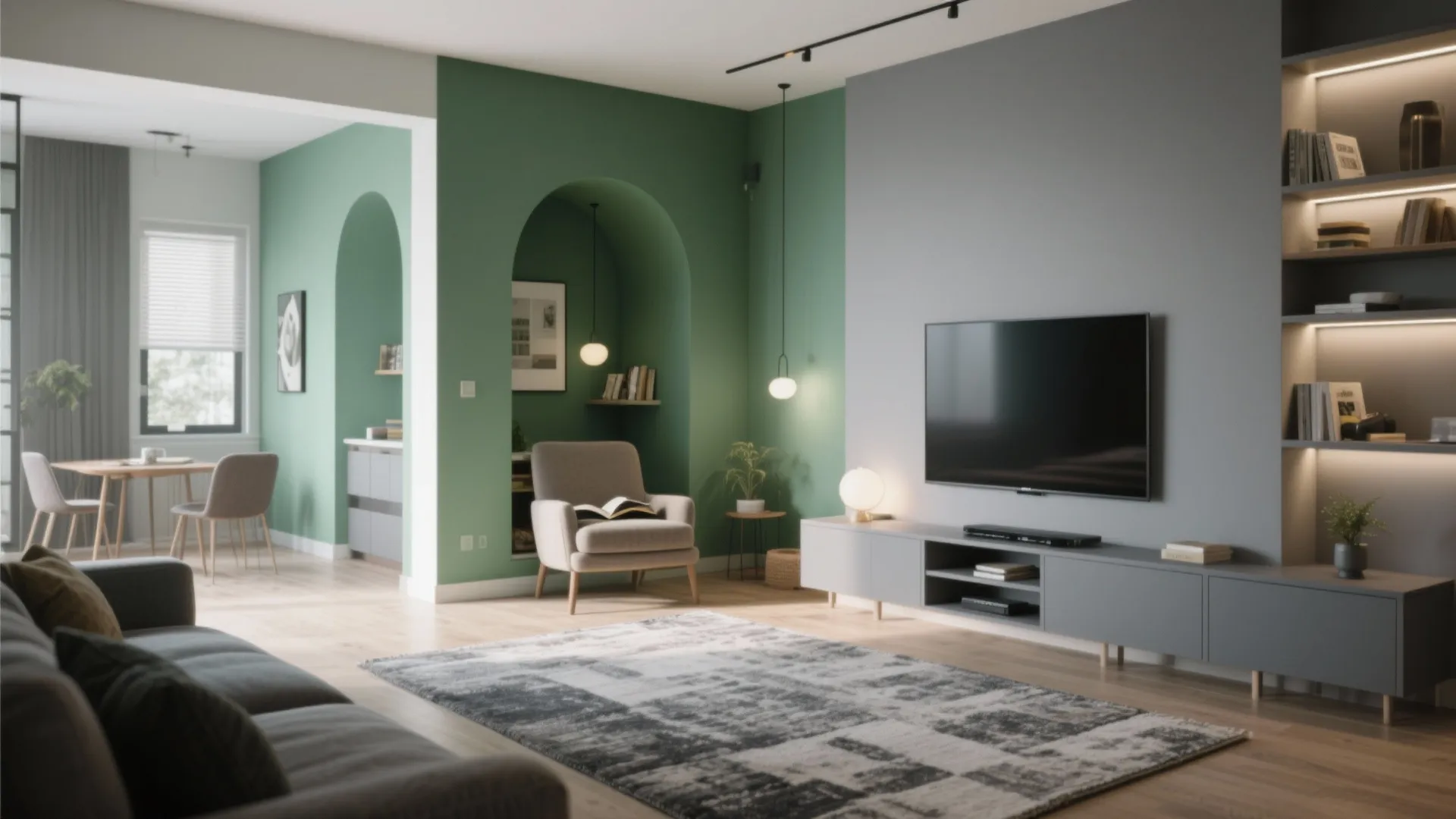 Open plan living area with green arch wall design grey tv cabinet and dining space