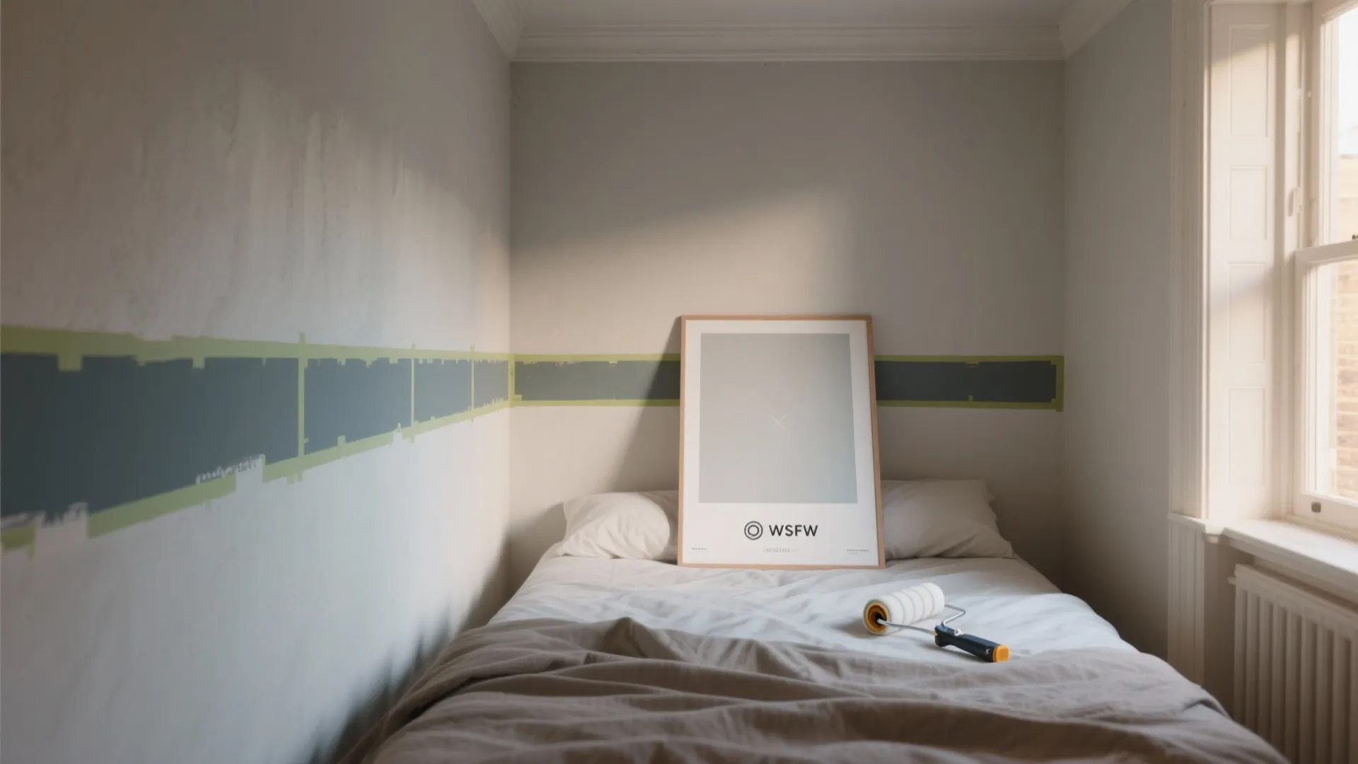 Small bedroom showing a green painted wall stripe being created with tape and paint roller