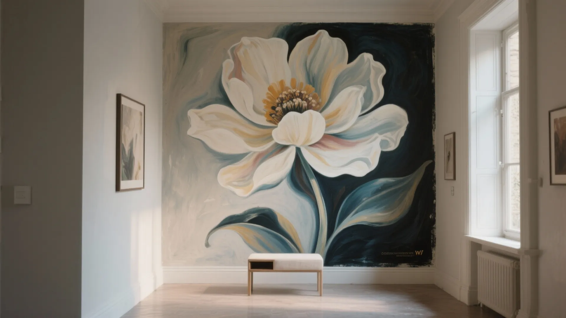 Compact room featuring an oversized painterly mural that functions as art and wallpaper with visible brushwork.