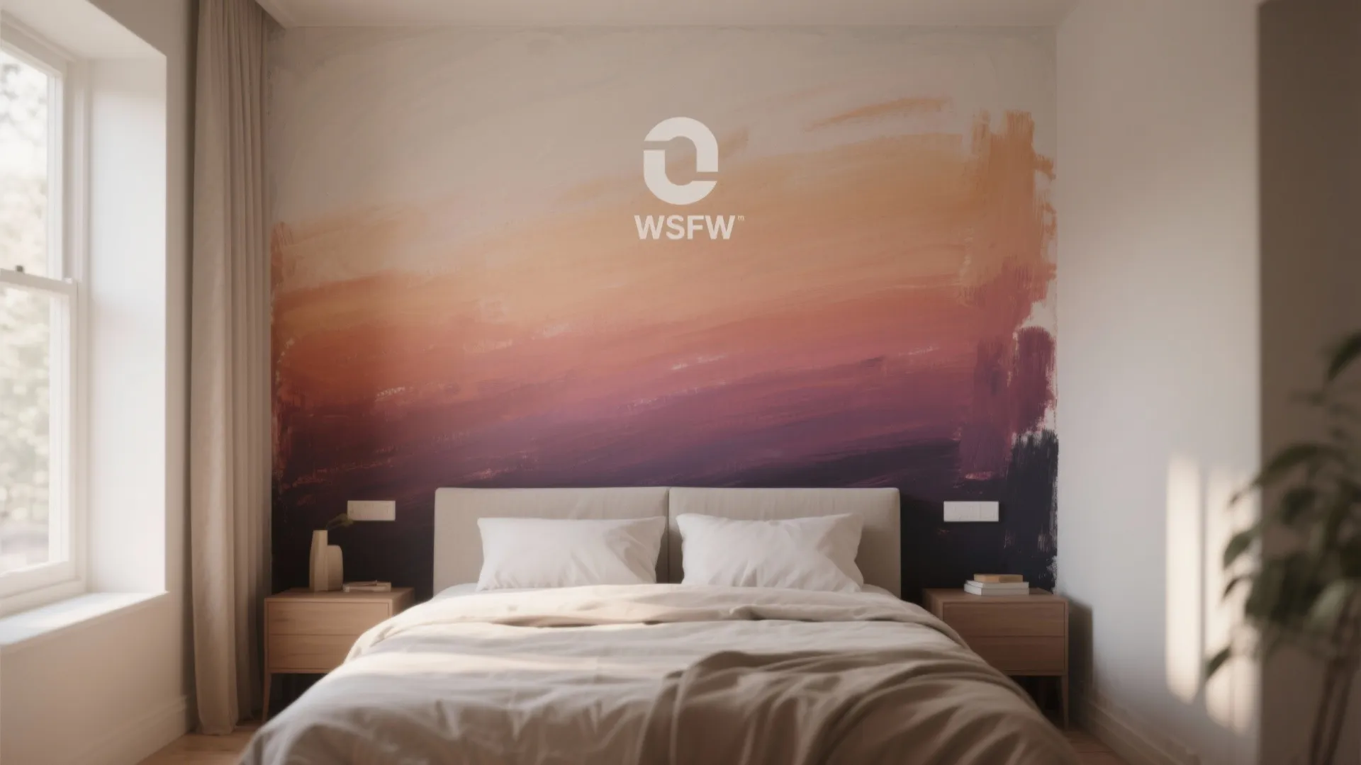 Small bedroom with a dramatic painterly ombre wall fading from deep to light, adding height and cinematic depth.